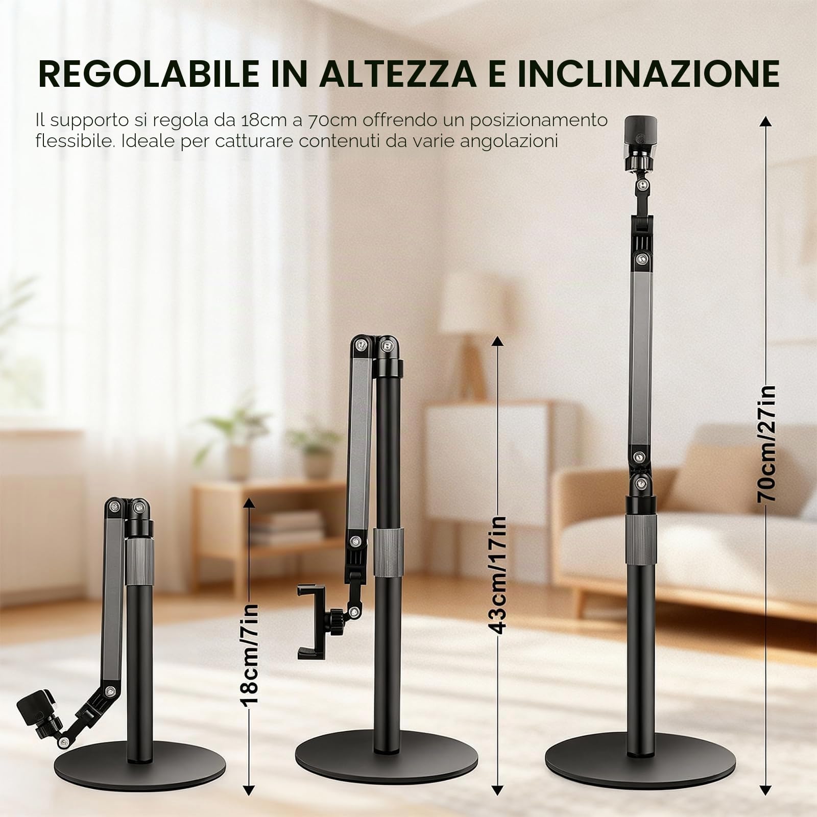 Supporto per Smartphone da Scrivania, Supporto per Cellulare da Tavolo Réglable a 360°, Supporto Telefono in Metallo per Live e Video, Videoconferenza