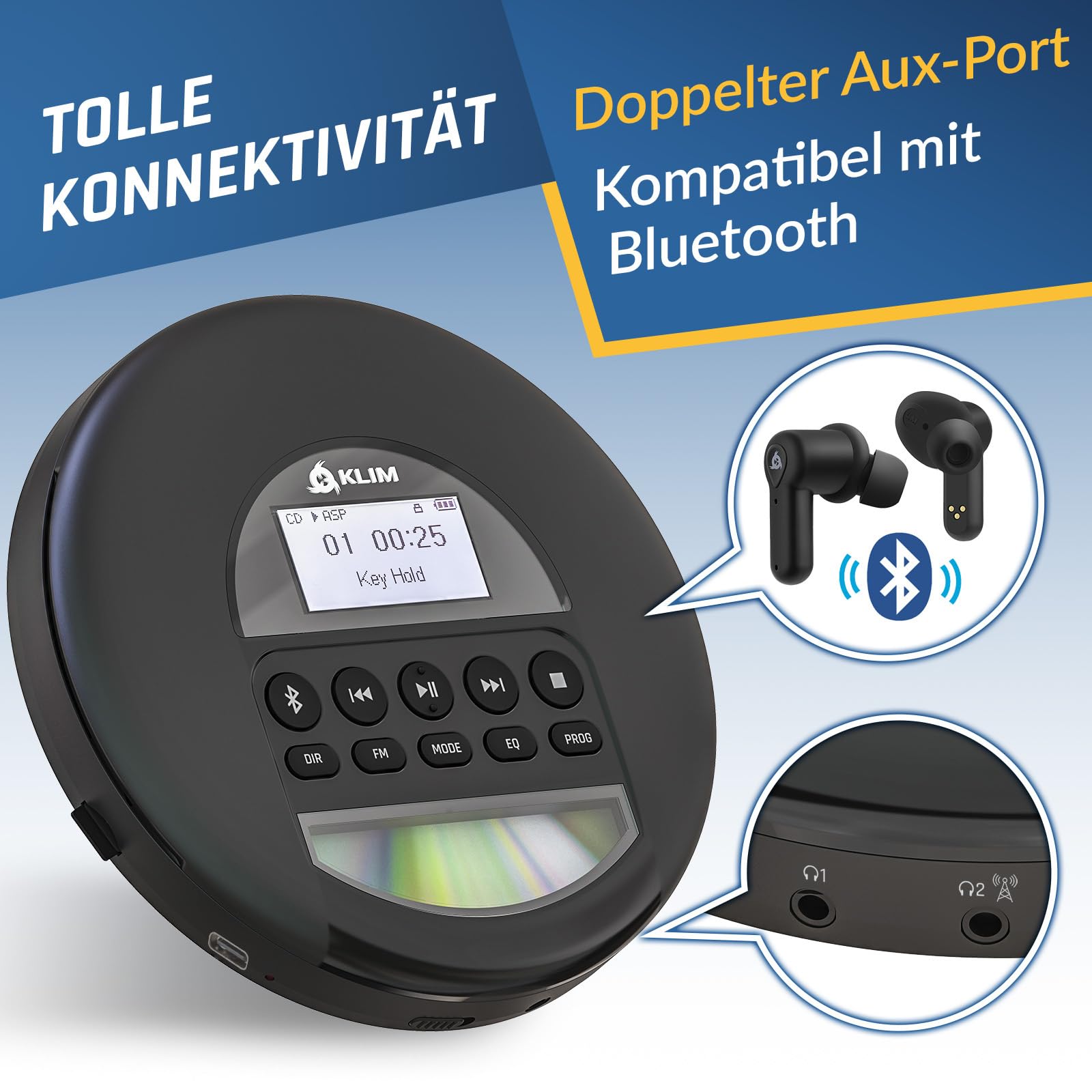 KLIM NomadCD Player Bluetooth - tragbare Discman mit langlebigem Akku - inklusive Kopfhörer - MP3, CD-R, CD-RW - TF-Reader, Radio FM - ideal für Autos
