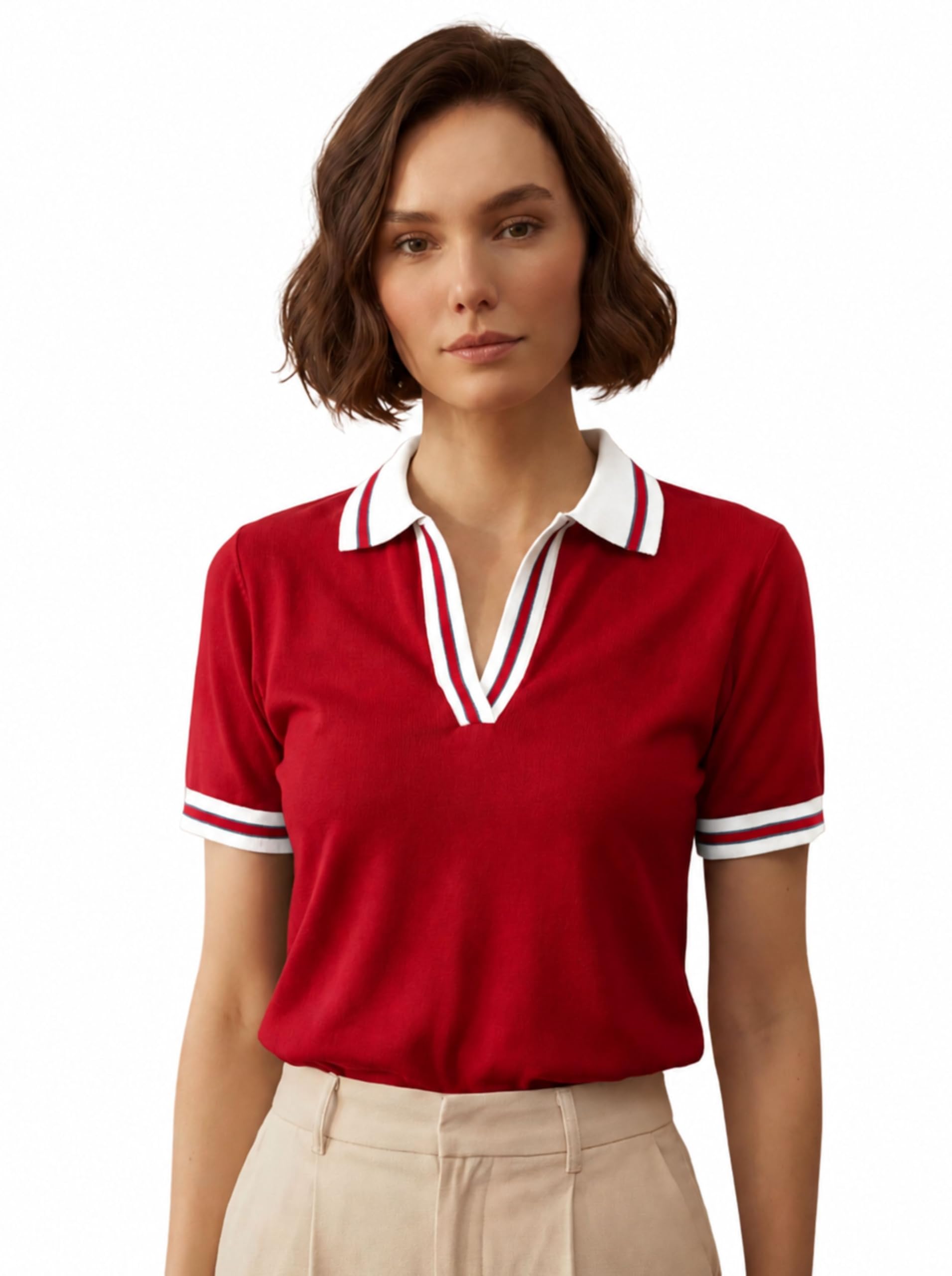 fyltr Women's Modern V-Neck Striper Collar Solid Polo T-Shirt - Contrast Tipping Details | Regular Fit | T-Shirts for Women | Open Placket-picture-30