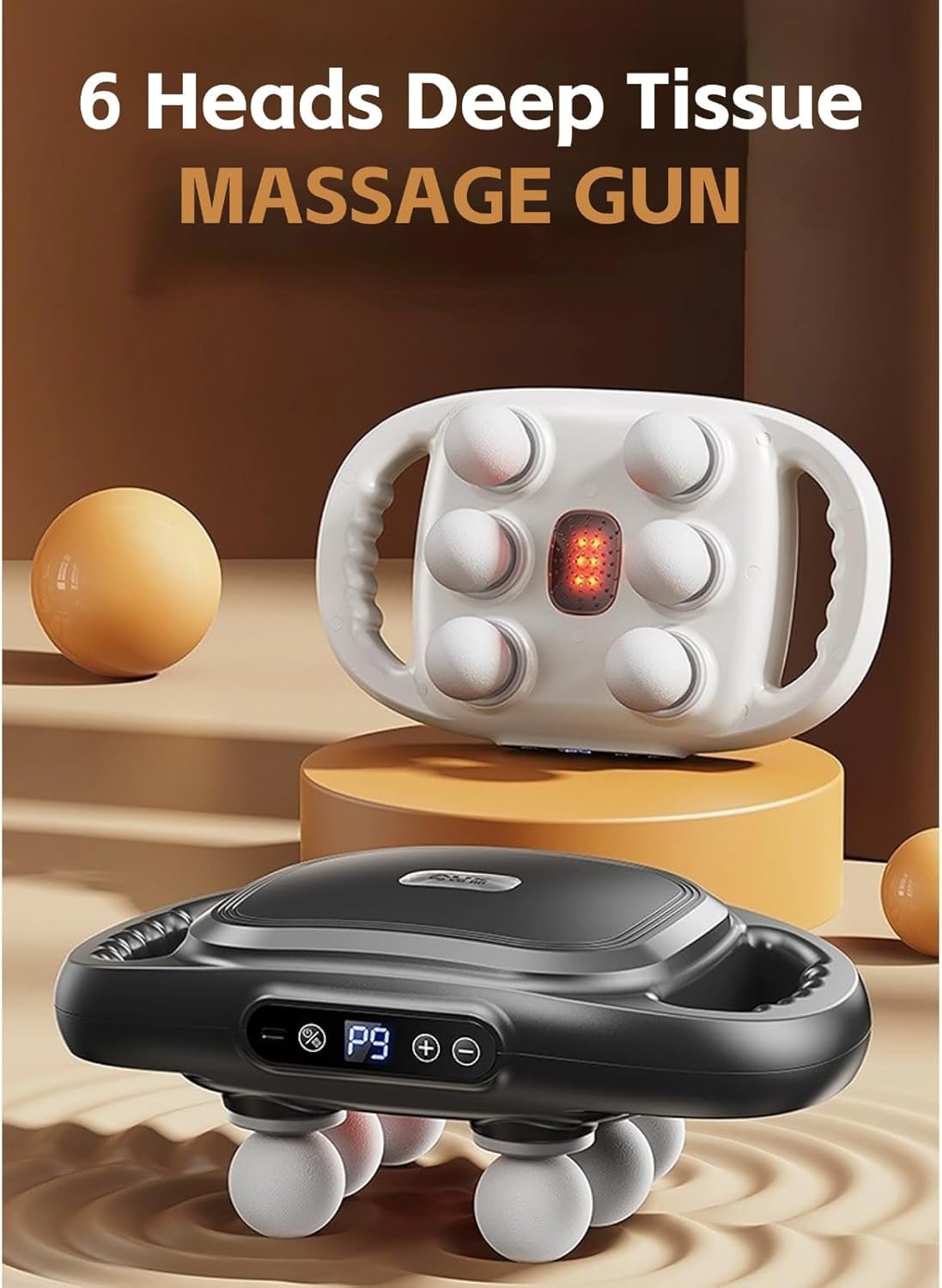 Yoidesu 6 Head Massage Gun Deep Tissue, Percussion Massager Gun with 9 Levels & 9 Modes, Electric Massager Tool for Back, Neck, Leg, Full Body Muscle Pain Relief, Gifts for MOM DAD (Gray)