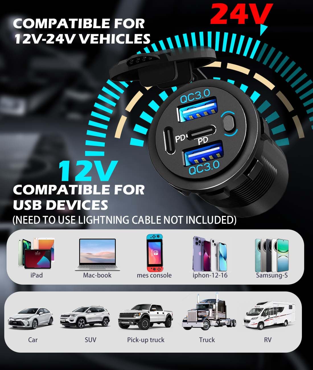Quad-Port 12 V USB-Steckdose mit Schalter & LED – 78 W Dual QC3.0 & Dual PD3.0 USB C Autoladegerät Buchse für Wohnmobil, Motorrad, Marine, LKW, Golfwagen, Boot, Zubehör
