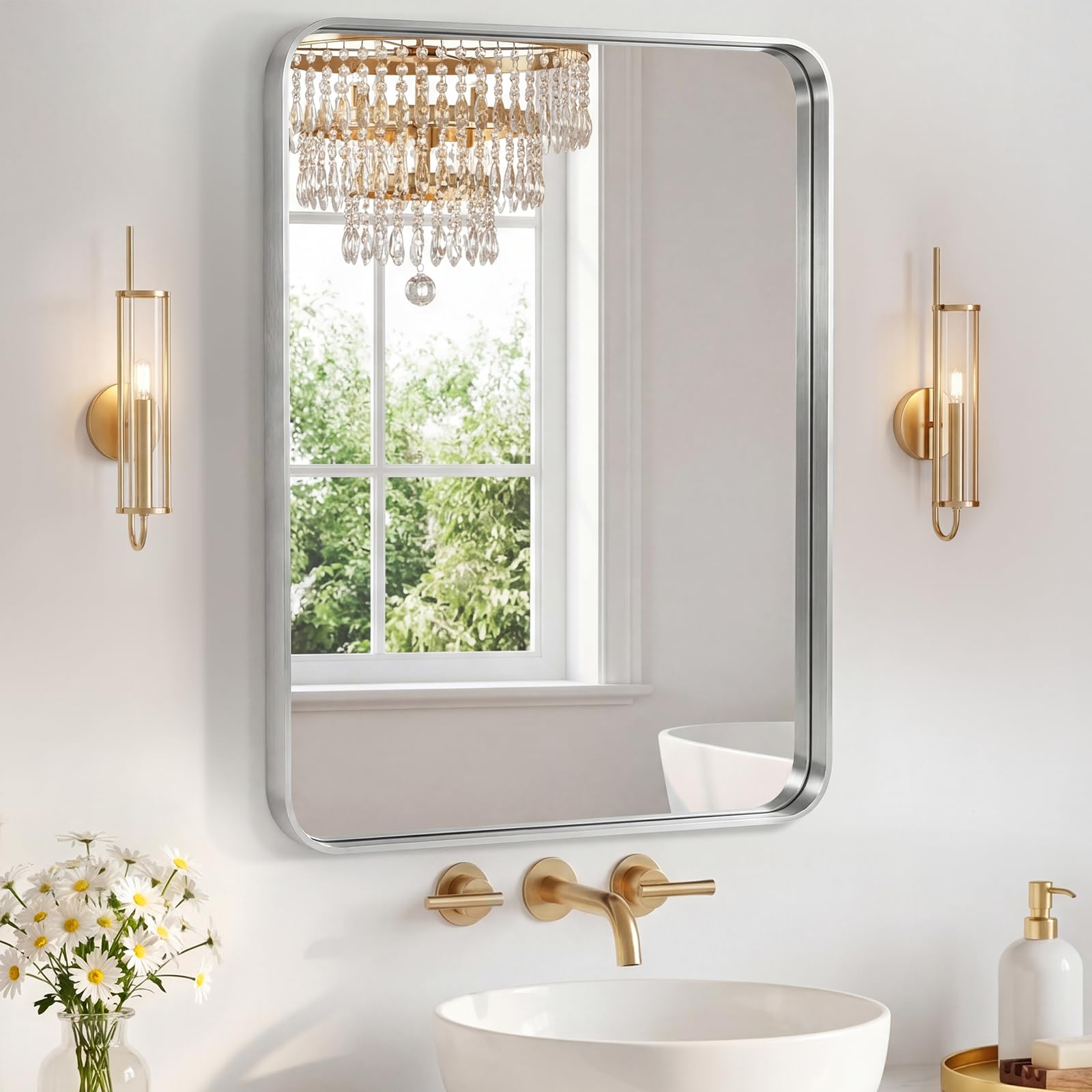 Sweetcrispy Bathroom Mirror 30x24 Inch Metal Framed Rounded Rectangle Vanity Mirror for Wall, Over Sink, Farmhouse, Restroom, Anti-Rust, Modern Decorative, Horizontal or Vertical Hanging, Silver