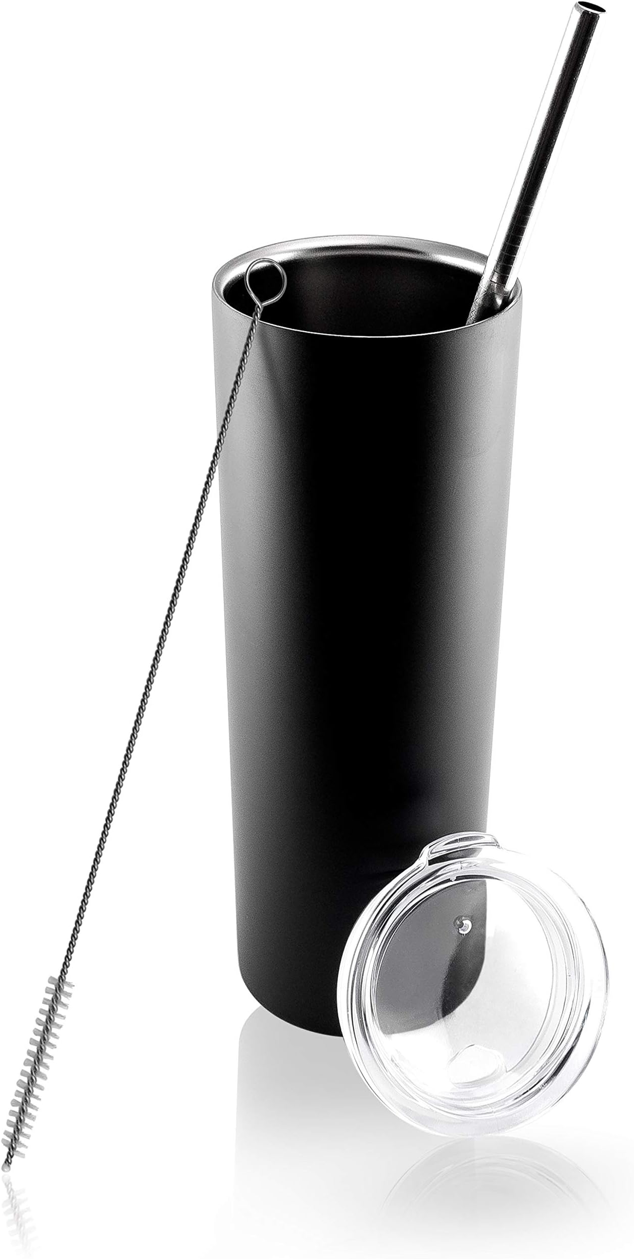 20 oz Skinny Stainless Steel Double Wall Vacuum Insulated Tumbler With BPA Free Lid, Straw, and Cleaning Brush Great Travel Cup for Water, Tea, Coffee, Cocktails - (Matte Black)