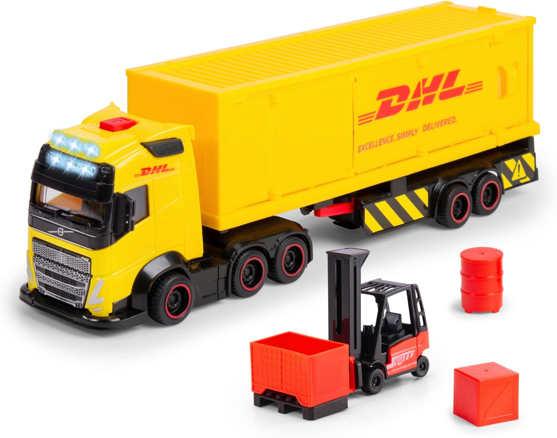 Dickie Toys - Volvo DHL Truck FH16 (35 cm) - Post & Parcel Transporter for Children from 3 Years, Toy Car Set with Forklift, Accessories, Light & Sound, Includes Batteries
