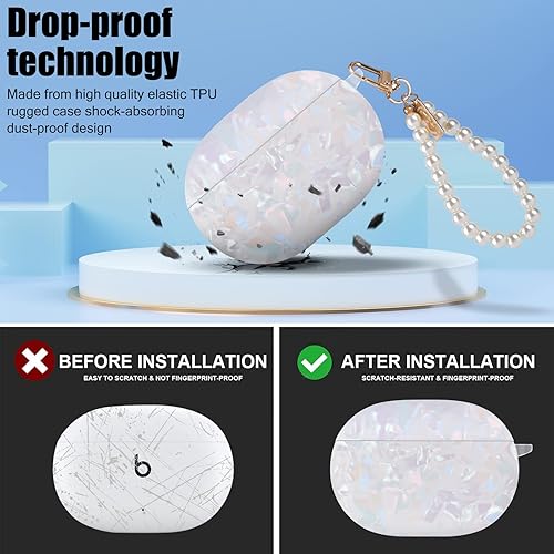 Miniatura 3 de Diseño de carcasa de mármol con purpurina para Beats Studio Buds con cadena de muñeca de perla, llavero con cubierta protectora de piel brillante