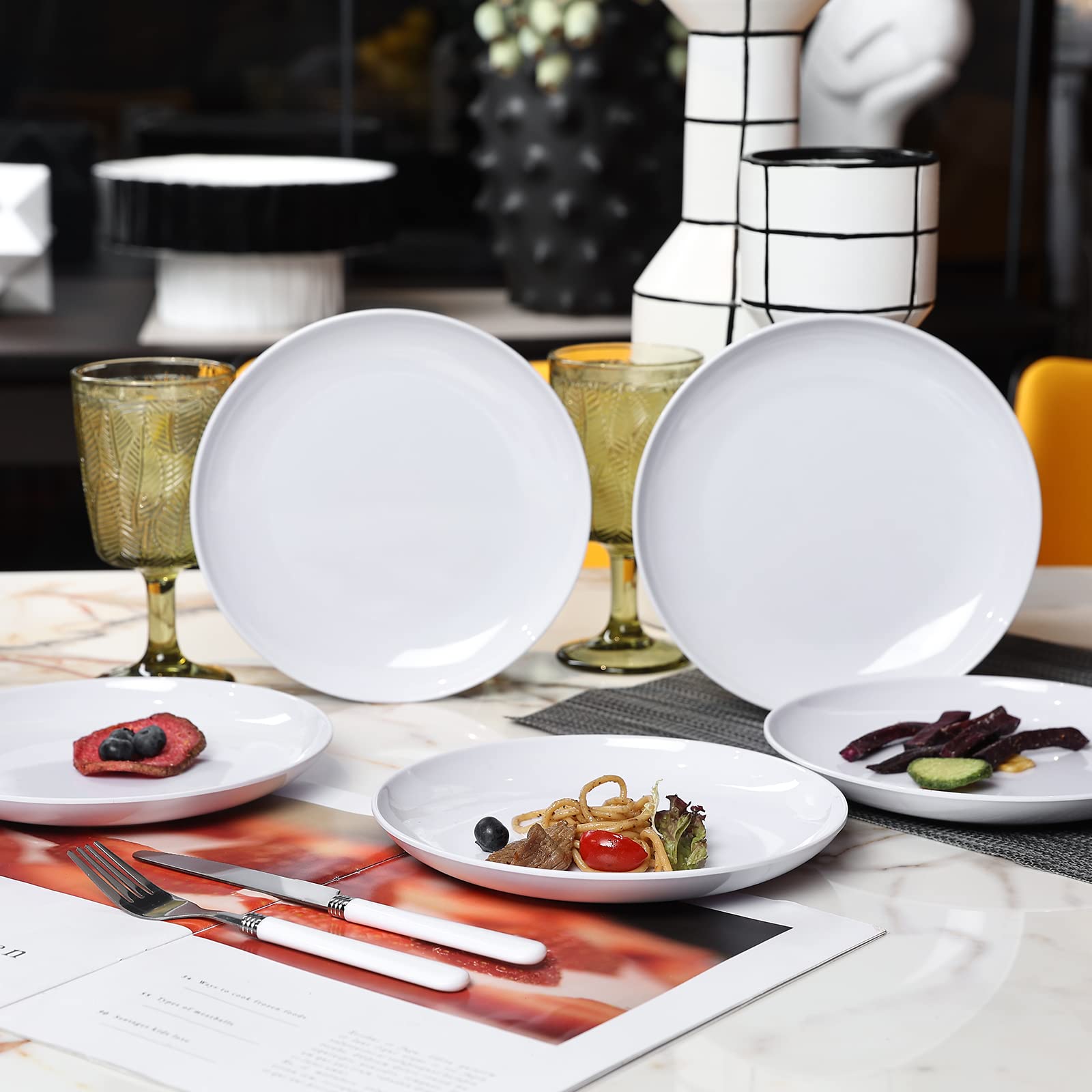 Webbylee Platos de melamina para pasta – Juego de 6 platos de vajilla de 8 pulgadas para uso en interiores y exteriores, resistentes a la rotura, color blanco