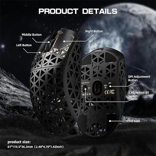 ATTACK SHARK R5 Ultra Mouse da Gioco Wireless HyperSpeed Fibra Carbonio, Mouse Ultraleggero 39g, 2,4G/BT/USB-C Cablato, Sensore PAW3950MAX, Frequenza Polling Wireless 8KHz, 42KDPI, Win/Mac -Nero - 9