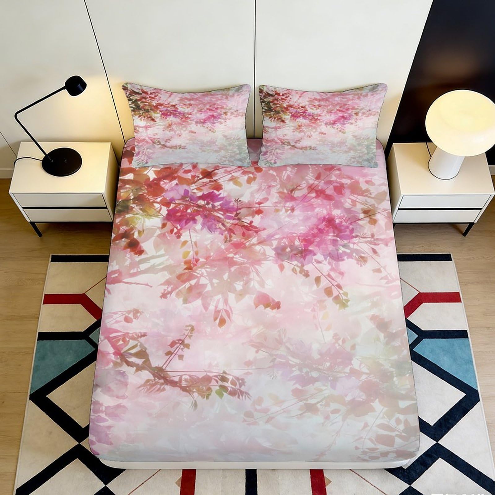 3D Printed Pink Floral Fitted Sheet Microfiber Soft Breathable Blossom Branch Bed Sheet for Bedroom Dormitory Guest Room Mattress Protection Decor 90x200x25cm