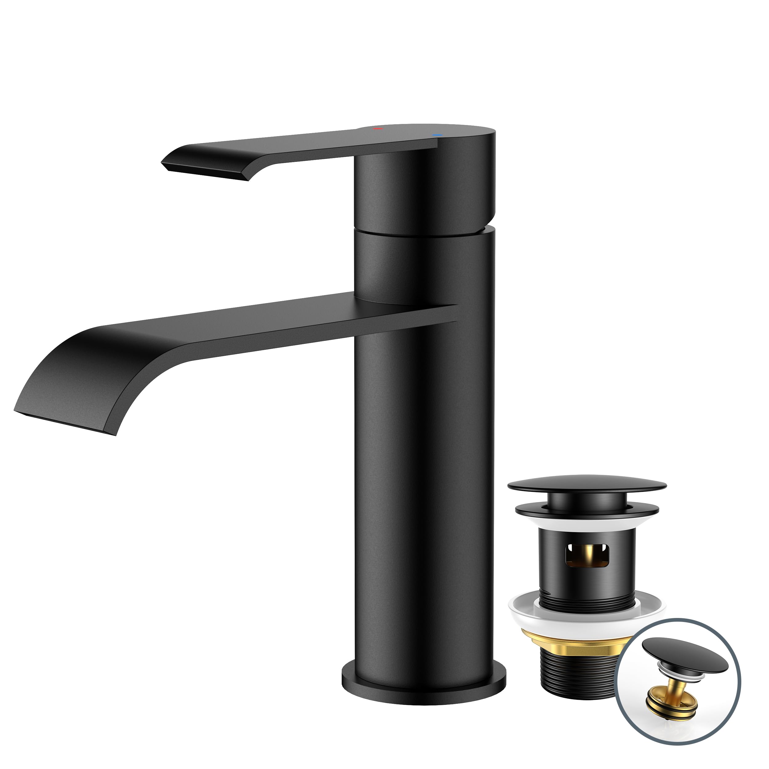 FORIOUS Rubinetto Bagno Lavabo Nero con Piletta, Miscelatore Monocomando, Rubinetto a Cascata con Altezza Beccuccio 98MM, Design Moderno