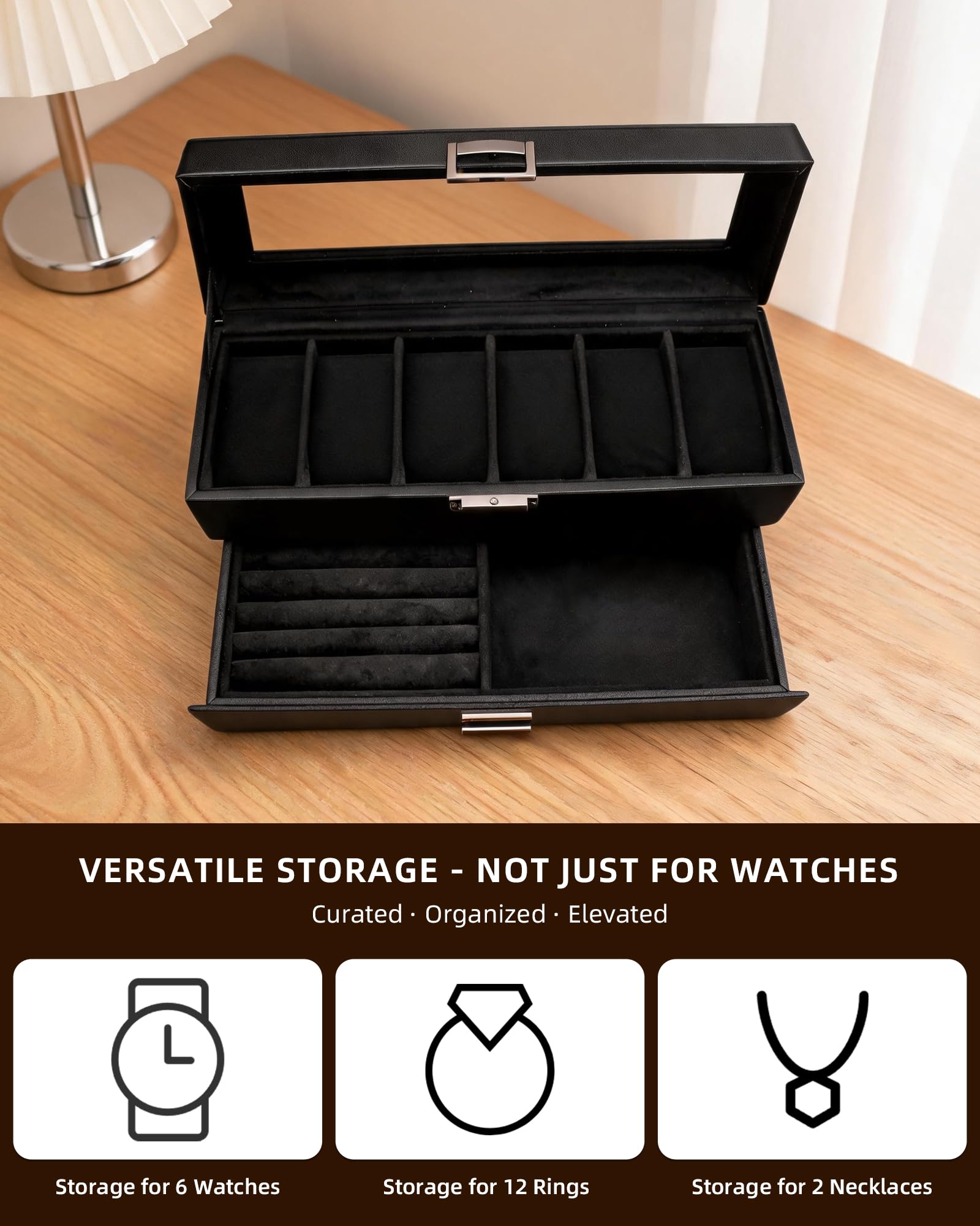 Coffret à Montres Organisateur 2 Niveaux Cuir-PU Homme/Femme, Noir