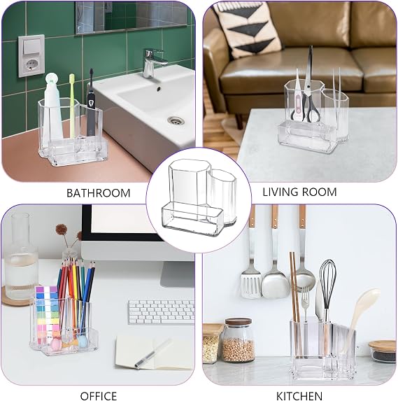 Acrylic Pen Holder Clear Pencil Pot, Pen Holder for Desk Accessories, Makeup Brush Holder 3 Compartment, Makeup Organiser Pen Pot Stationery Storage Organiser for Office School Home Supplies