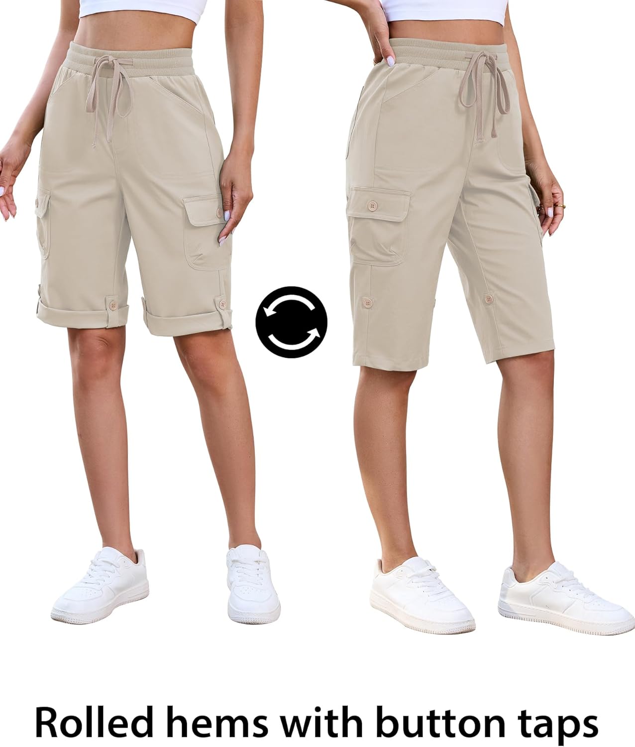 luvamia Bermuda Shorts for Women Knee Length Pull On Elasitc Waist High Rise Fold Hem Casual Summer Chino Cargo Shorts - Image 5