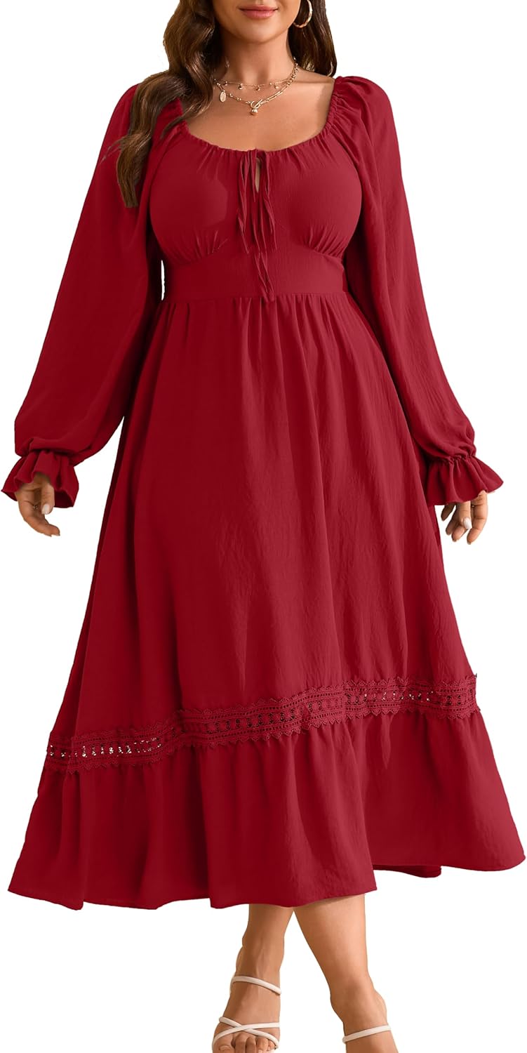 RWJ Women's Plus Size Fall Dresses Long Sleeve Square Neck Flowy Lace Trim Flutter Wedding Guest Party Casual Dress