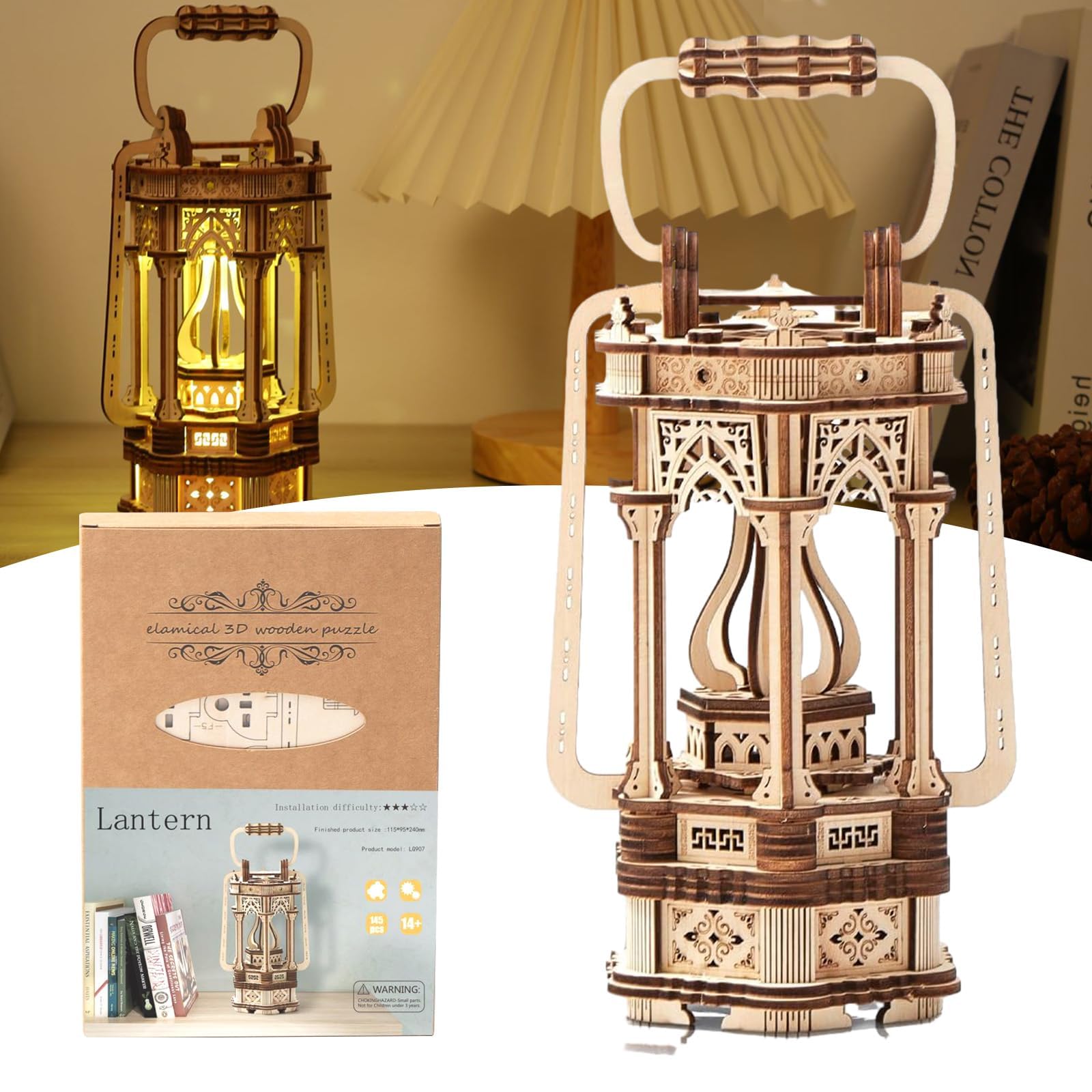 3D Wooden Puzzles for Adults, 145 Pieces LED 3D Puzzles Lantern, 3D Wooden Model Building Kits for Adults, Log Making, No Glue or Other Tools Required, Best Creative Gift for Kids, Antique Decoration