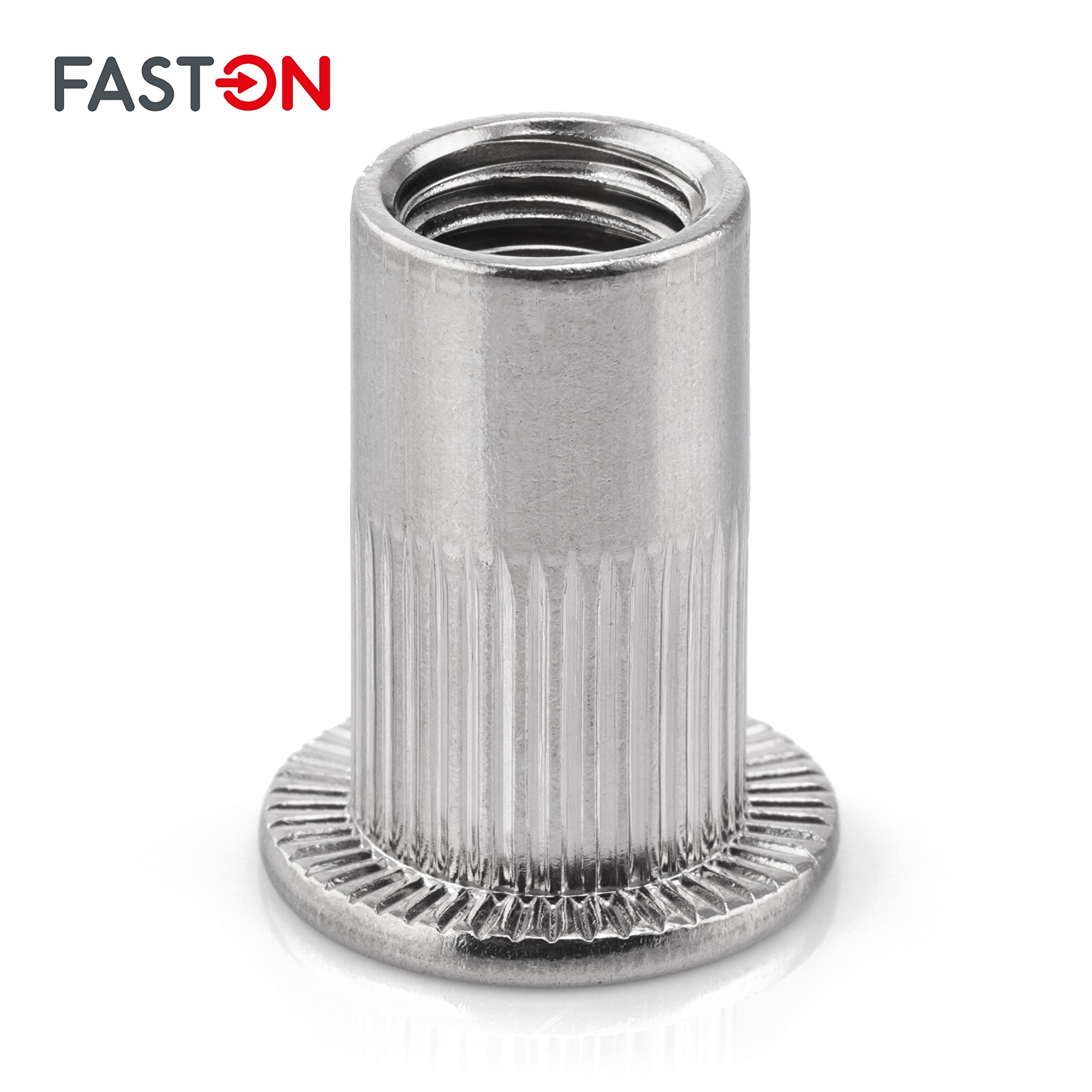 FASTON® Flachkopf Einnietmuttern Rundschaft M10x22 mm Edelstahl A2 V2A (50 Stück) Blindnietmutter Blindmuttern Rund Gewinde Offen Gerändelt Nietmuttern Gewindenieten