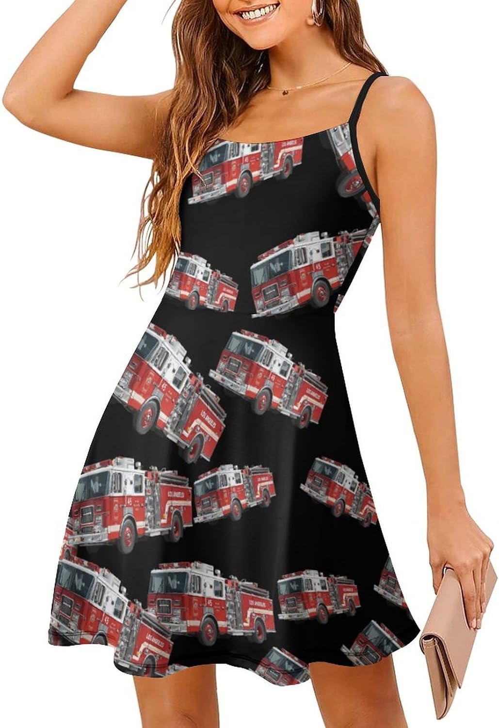 Fire Truck 911 Short Cami Dress for Women Adjustable Spaghetti Strap Flowy Sundress Beach Vacation