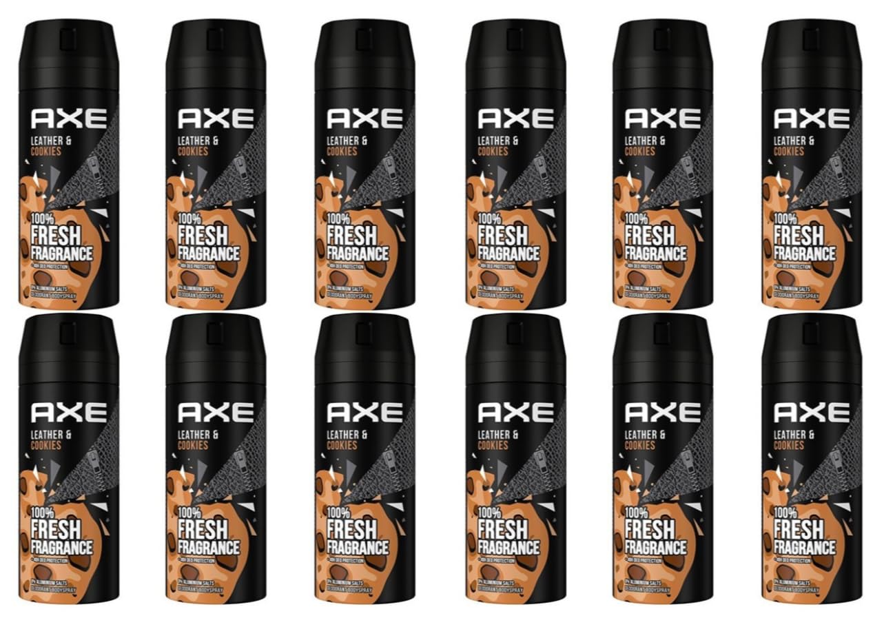 12x Axe Bodyspray Leather & Cookies 100% Fresh Fragrance 48H Fresh Deodorant Body Spray, ohne Aluminiumsalze Schutz gegen starkes Schwitzen und Körpergeruch 150ml (12er Pack)