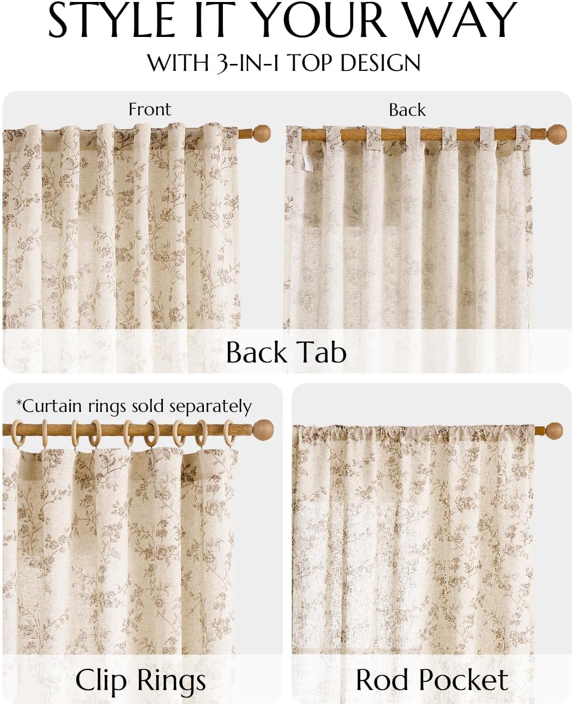 jinchan Linen Floral Curtains for Living Room 96 Inch Length Taupe Printed Curtains Back Tab French Country Farmhouse Flower Patterned Drapes Bedroom Window Curtain Set 2 Panels
