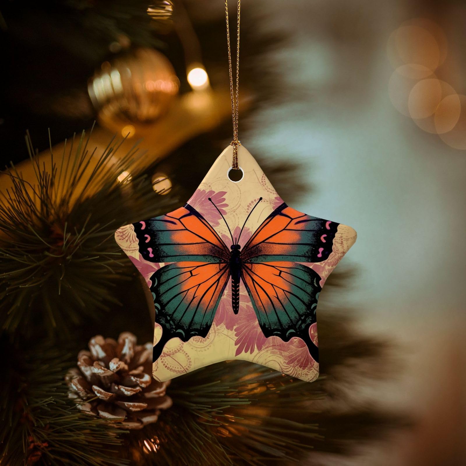 Christmas Tree Ornaments Ceramics Christmas Decorations Vintage Butterfly Ornaments with Gold Ribbon Porcelain Xmas Tree Crafts Star Shape Hanging Pendant for Christmas Tree Party Decor