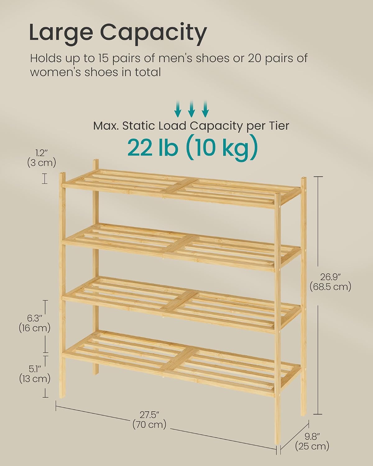 SONGMICS Bamboo Shoe Rack, 4-Tier Stackable Shoe Organizer, for 15-20 Pairs image 3