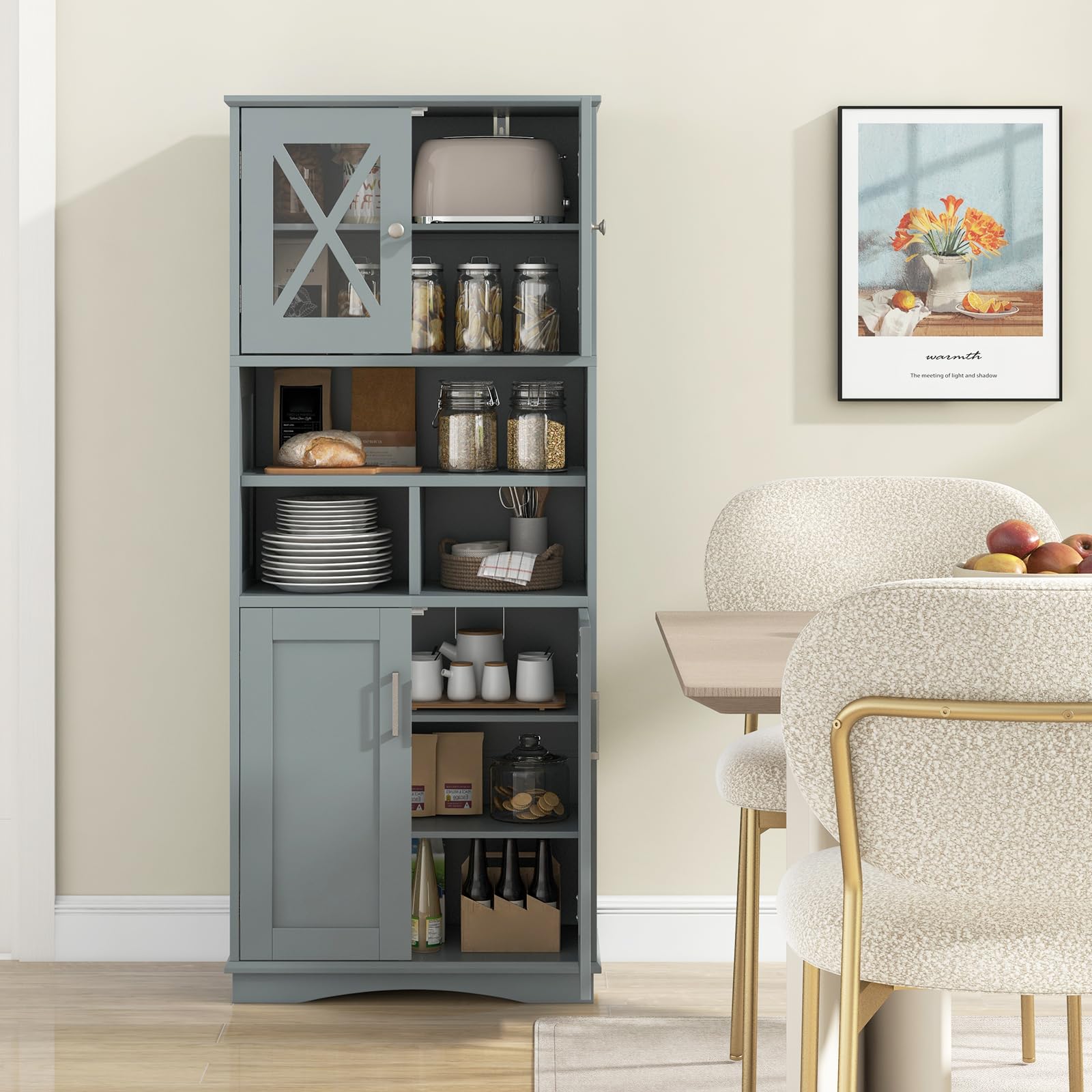 COSTWAY Mobile Bagno, Armadietto Salvaspazio con Porte in Acrilico, Ripiani Regolabili e Ampio Scomparto, Armadio da Terra in Legno per Soggiorno, Camera da Letto, Salotto e Cucina (Grigio)