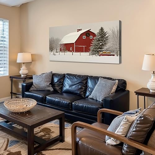 Miniatura 3 de 24"x 48" Canvas Wall Art Vintage Abstract Red Snowy Christmas Farm Barn Snow Winter Trees Framed Pictures Painting Prints Large Wall Art for Living