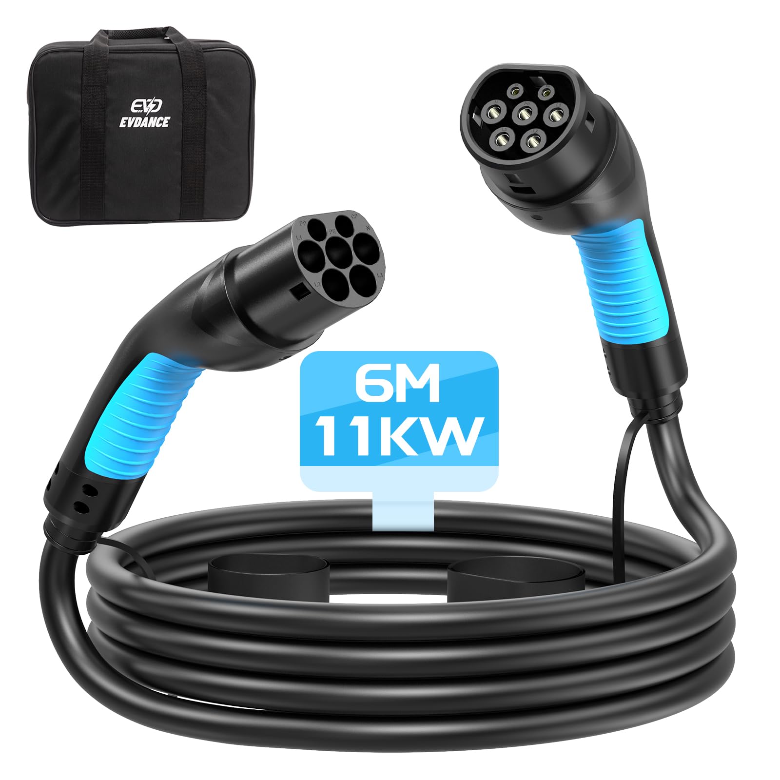 EVDANCE Câble Recharge Voiture Electrique 11kW (16A, 3-Phase, 6m) Câble Type 2 Portable Charge Rapide Chargeur Mode 3 avec Sac de Transport Compatible avec EV/PHEV IEC 62196-2