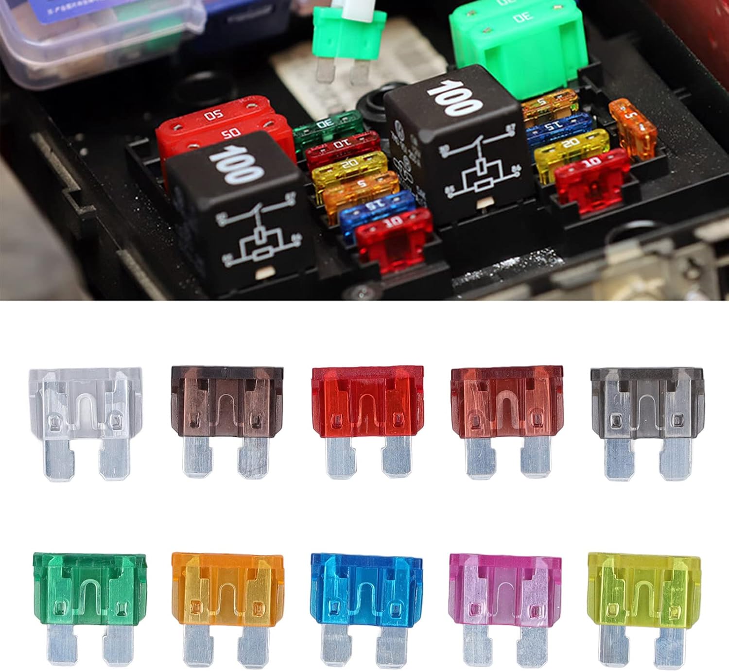 Open vehicle fuse box with multiple colored blade fuses and relays.