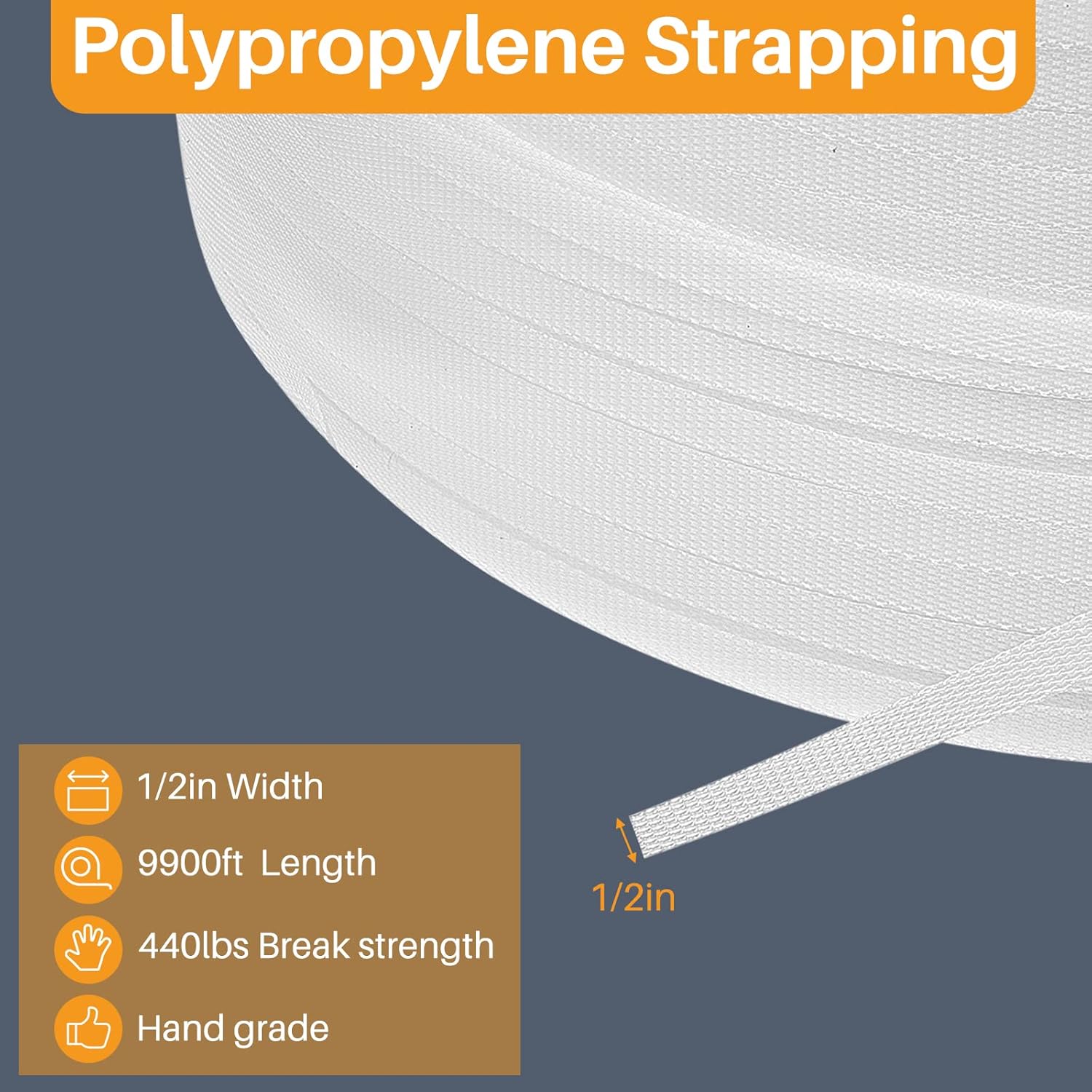 Amylove 1/2 Inch Strapping, Polypropylene (PP) Heavy Duty Poly Packaging Strapping Roll 440 Lbs Break Strength for Banding Packing Industrial Machine(9900 ft,White)