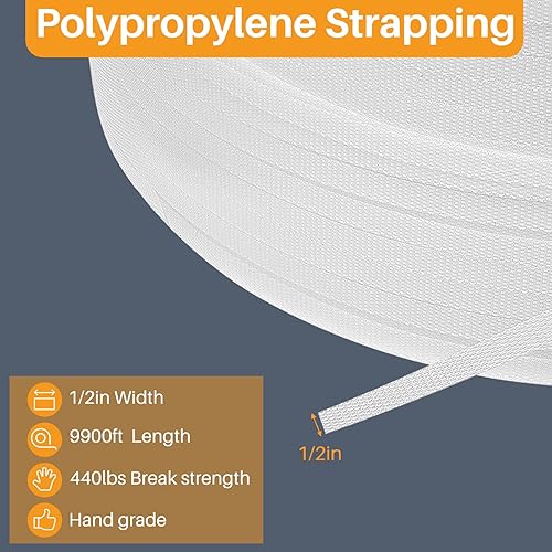 Vista 2 de Amylove Rollo de flejado de 1/2 pulgada, polipropileno (PP), embalaje de polietileno resistente, 440 libras, resistencia a la rotura para máquinas