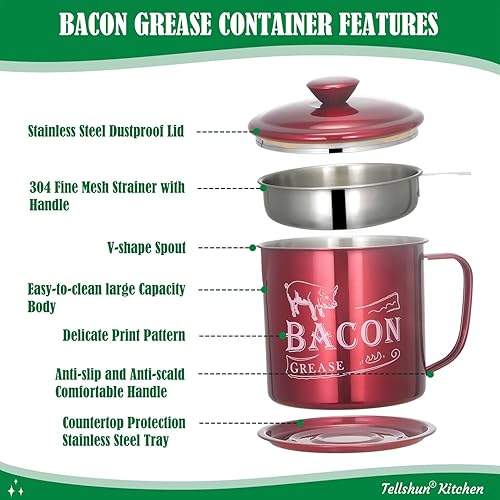 Miniatura 5 de Tellshun Contenedor de ahorro de grasa de tocino de 44 onzas1.3 L con colador, retenedor de aceite de cocina de acero inoxidable con espátula de