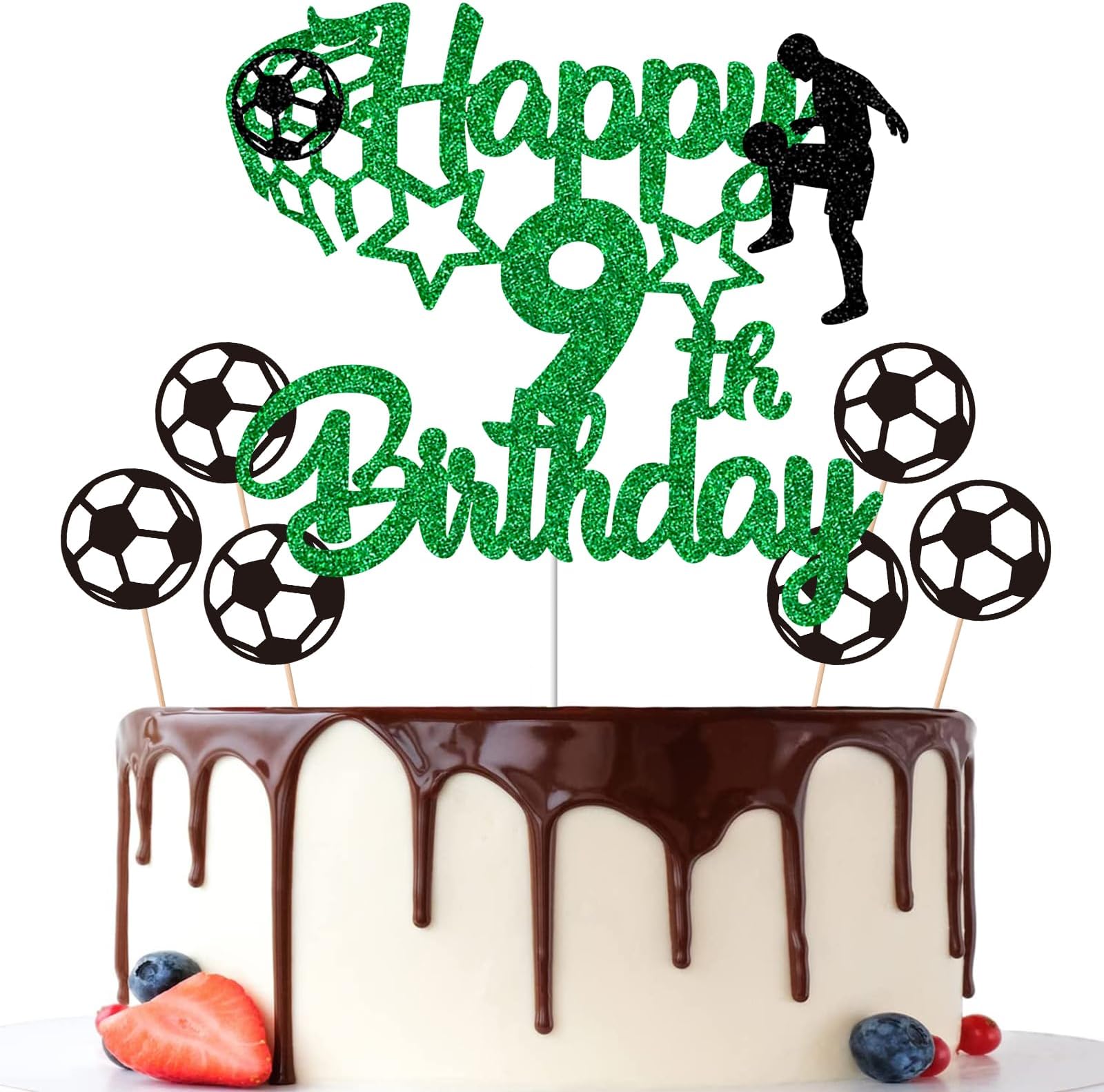 9th Birthday Cake Toppers, Green Glittery Cake Decorations with Football Theme, Nine Years Old Soccer Birthday Party Supplies for Boys