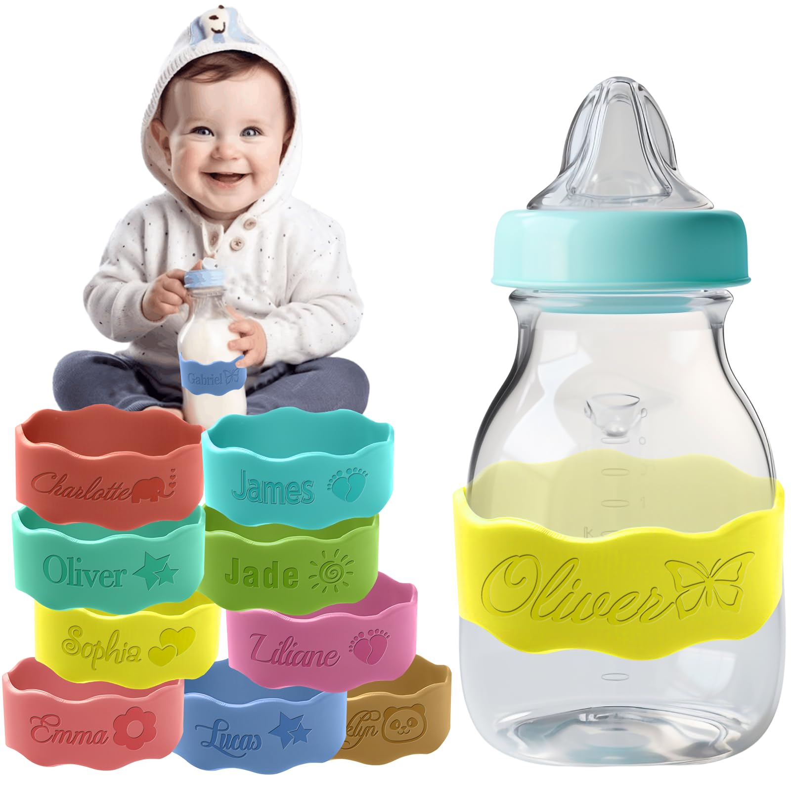 Personalized Water Bottle Name Bands Custom Engraved Silicone Labels Customized Silicone Baby Bottle Labels for Daycare Reusable Baby Bottle Straps for Kids Cups School Waterproof-Yellow