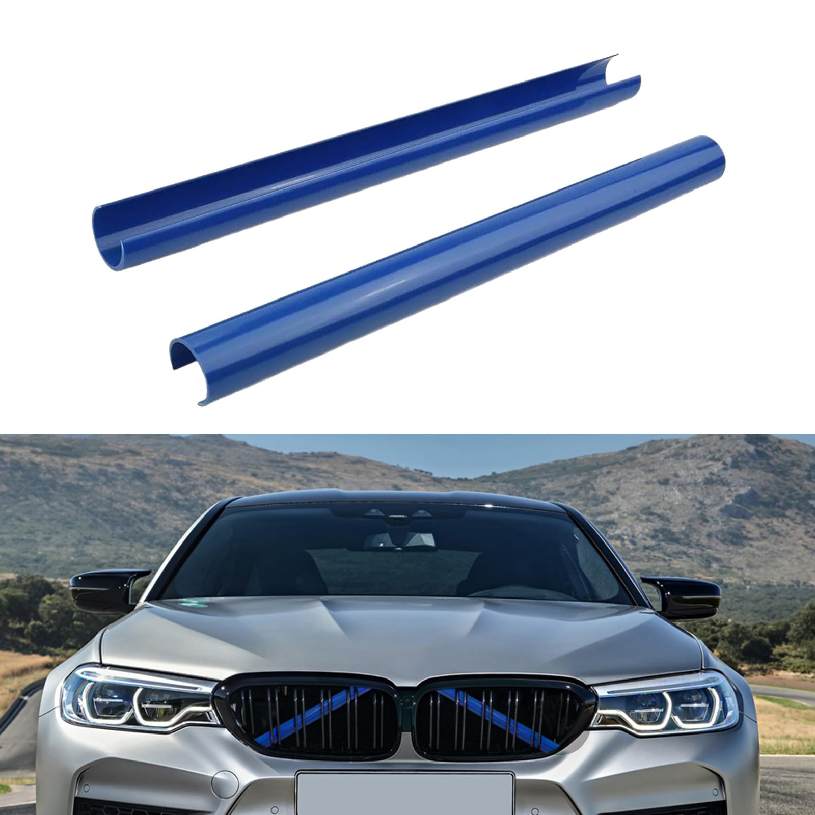 Paski do kratki chłodnicy, listwa ozdobna, wkładka do grilla BMW 1, 2, 3, 4, 5, 6, 7, F20, F21, F22, F23, F30, F31, F32, F33, F36, G30, G32, G11, G12, G14, 2 szt., niebieskie paski