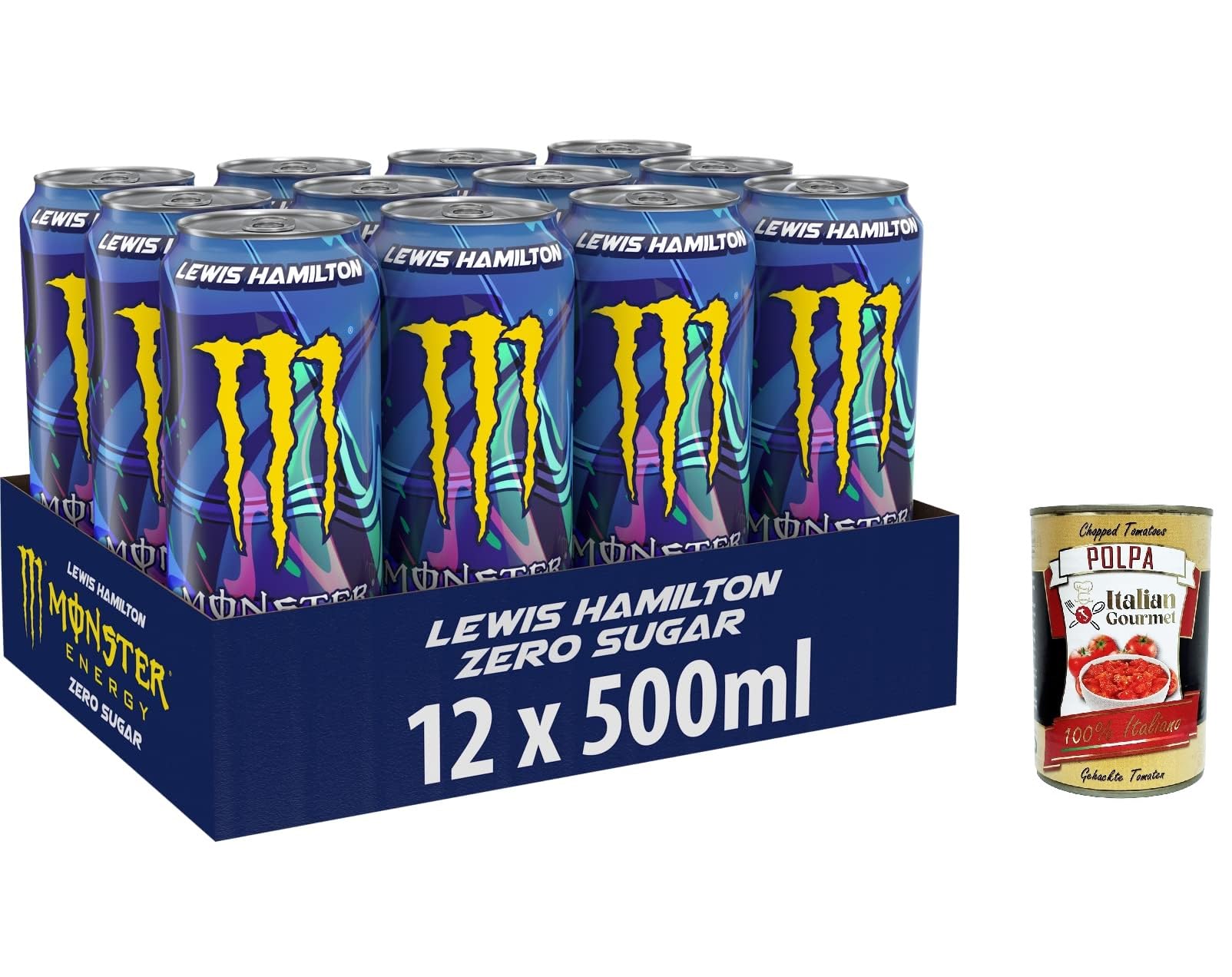 Italian Gourmet bevanda energetica Lewis Hamilton Zero Dosen 48 x 500ml | Koffeinhaltig, gusto pesca nettarina, ohne Zucker und Kalorien, erfrischend, Gesamtnettogewicht 24 L + Kostenlos Polpa 400g