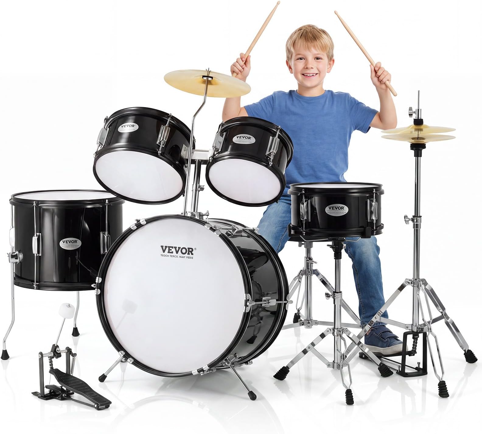 VEVOR Kids Drum Set, 5-Piece, 16 in Beginner Full Drum Set with Bass Toms Snare Floor Drum Adjustable Throne Cymbal Hi-Hat Pedal and Two Pairs of Drumsticks, Starter Drum Kit for Child Kids, Black