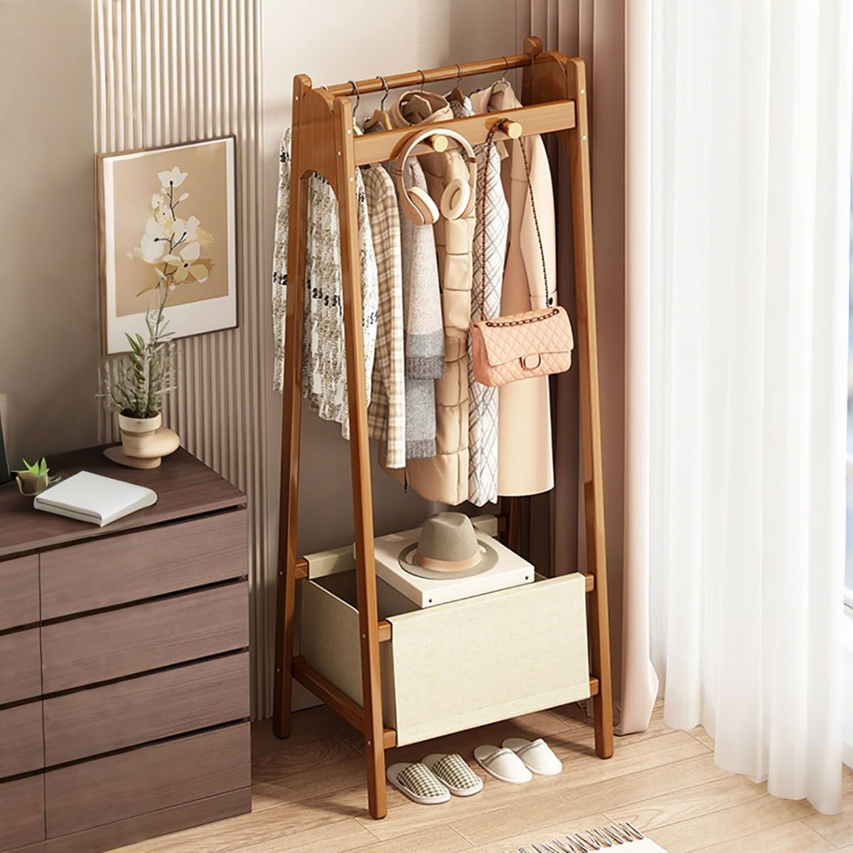 Natural Bamboo Coat Rack Stand Floor Standing Cloak Rack Simple Modern Clothes Rack Storage Basket Shelf Hanging Rail with Hooks for Hallway Entryway Bedroom Bathroom Office