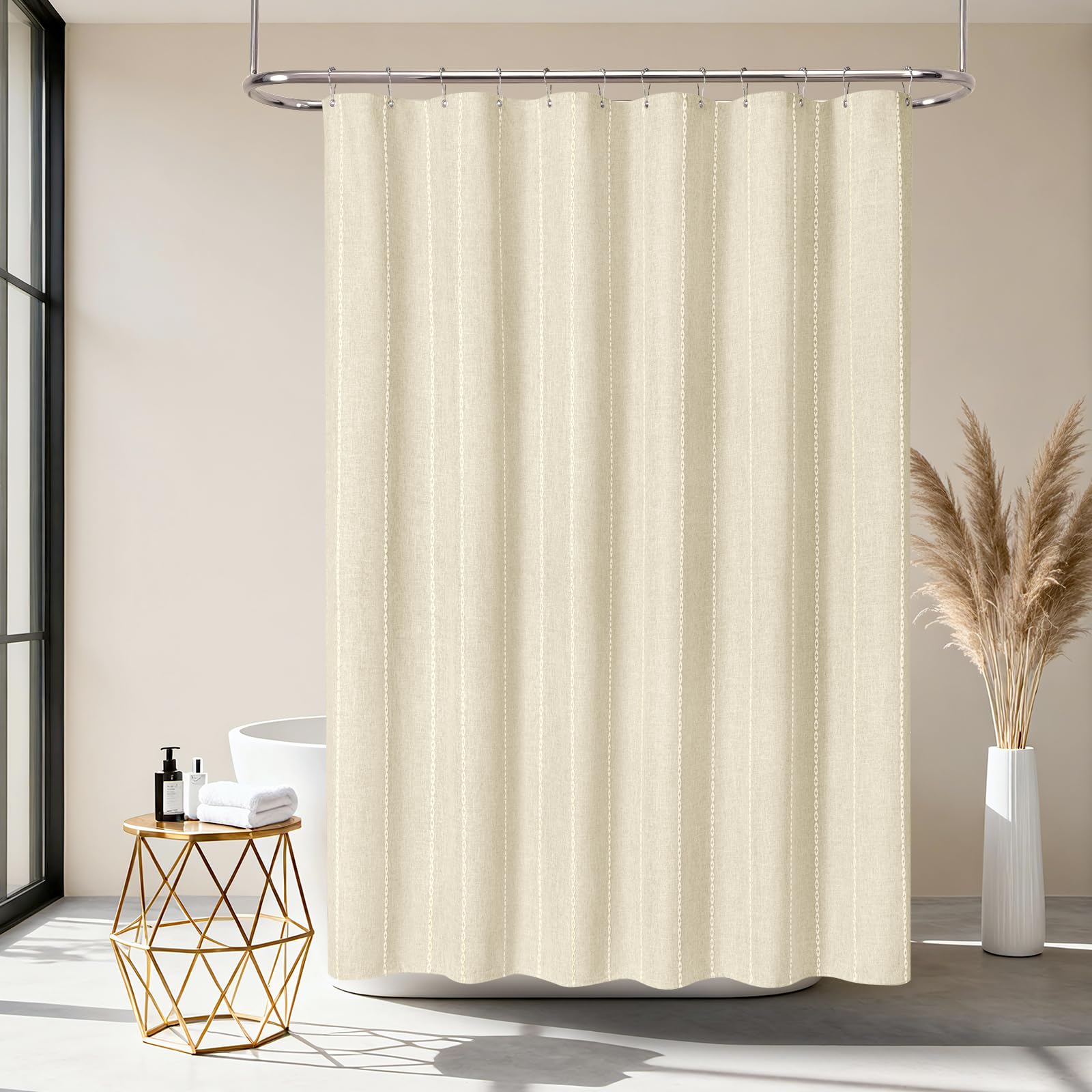 VANZAVANZU Cortina de Ducha de Rayas Bohemia - Cortina de Ducha de Lino y poliéster con Rayas Estilo rústico, Impermeable, Estilo rústico, Estilo Shabby Chic, 182 x 182 cm Beige