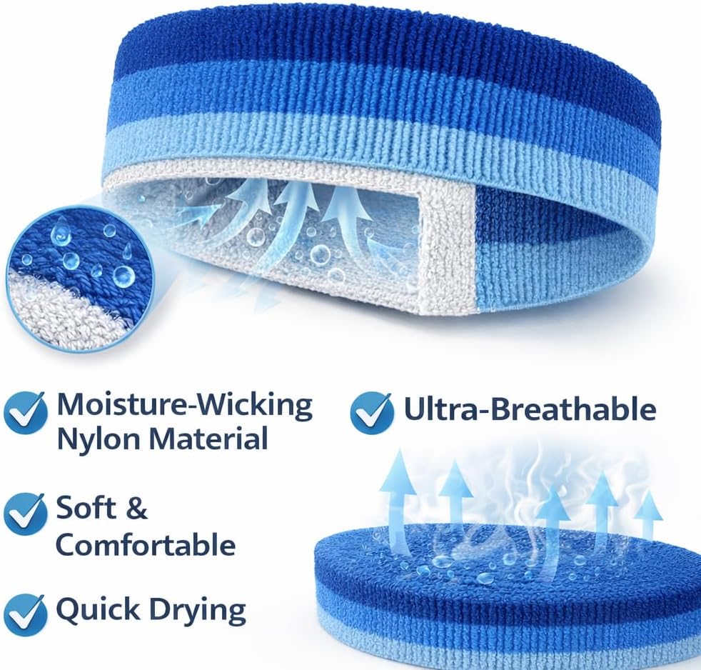 Sports Headbands 3 Pcs for Men ＆ Women - Moisture Wicking Sweatbands, Terry Cloth Athletic Head Bands for Running Tennis Basketball Football Working Out