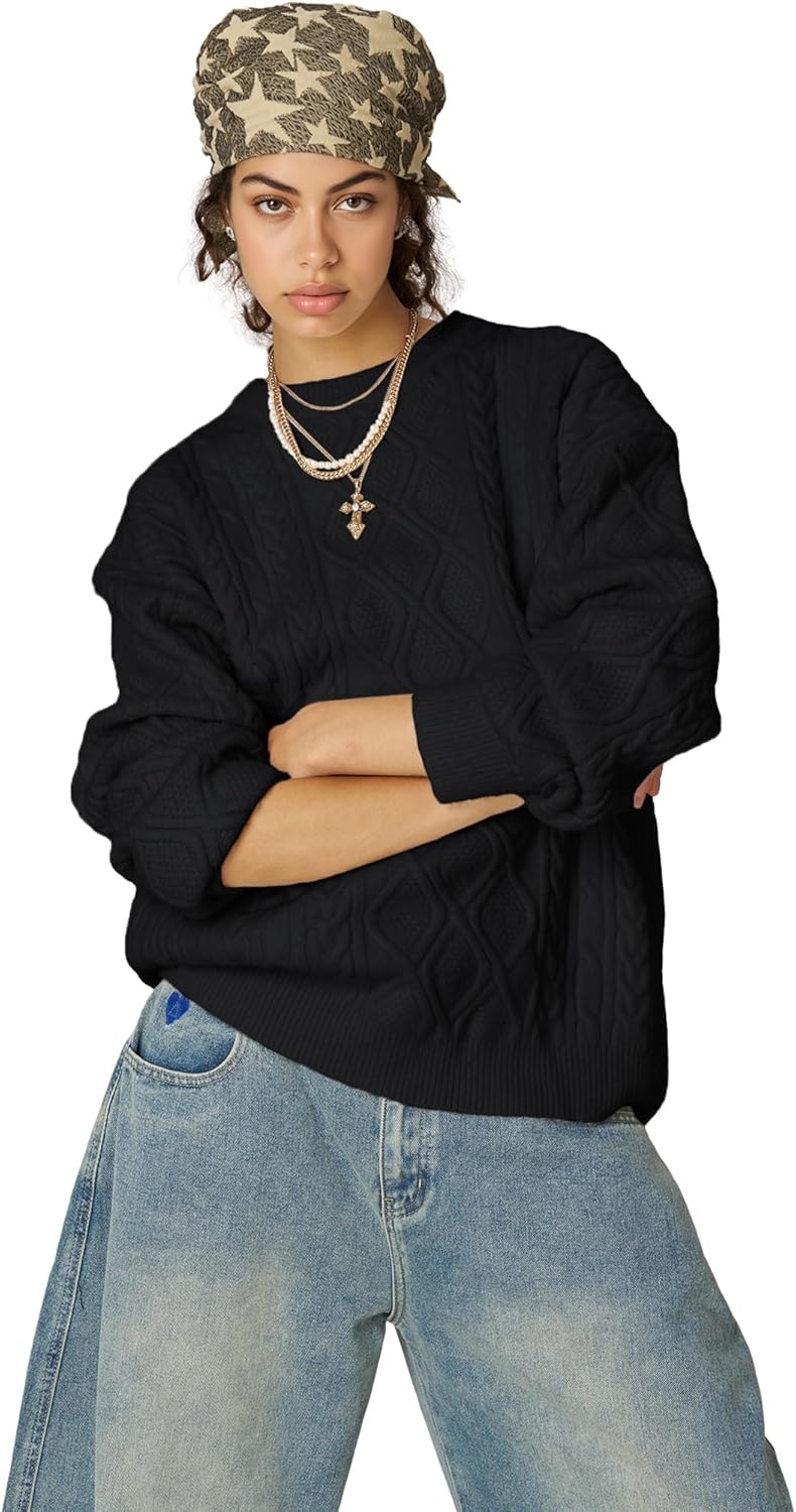 Aelfric Eden Women's Oversized Cable Knit Crewneck Sweaters Long Sleeve Sweater Chunky Loose 2025 Outfits Pullover - Image 4