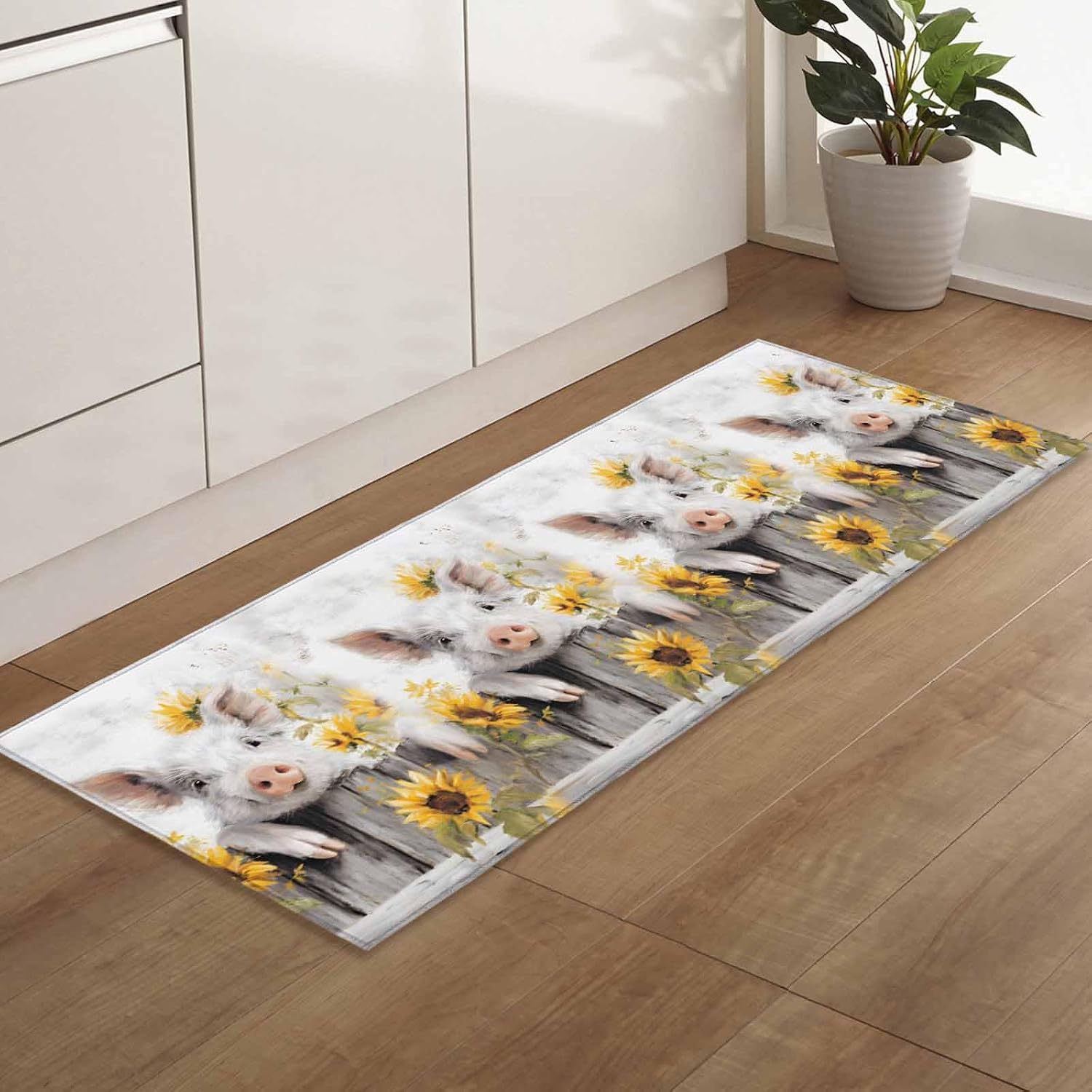 Teamery Kitchen Mats for Floor Rustic Pig Watercolor Sunflower Washable Non Slip Kitchen Rugs 1PCS, Farmhouse Wooden Plank Absorbent Standing Mats for Sink Bathroom Office Living Room 15.7x47.2in