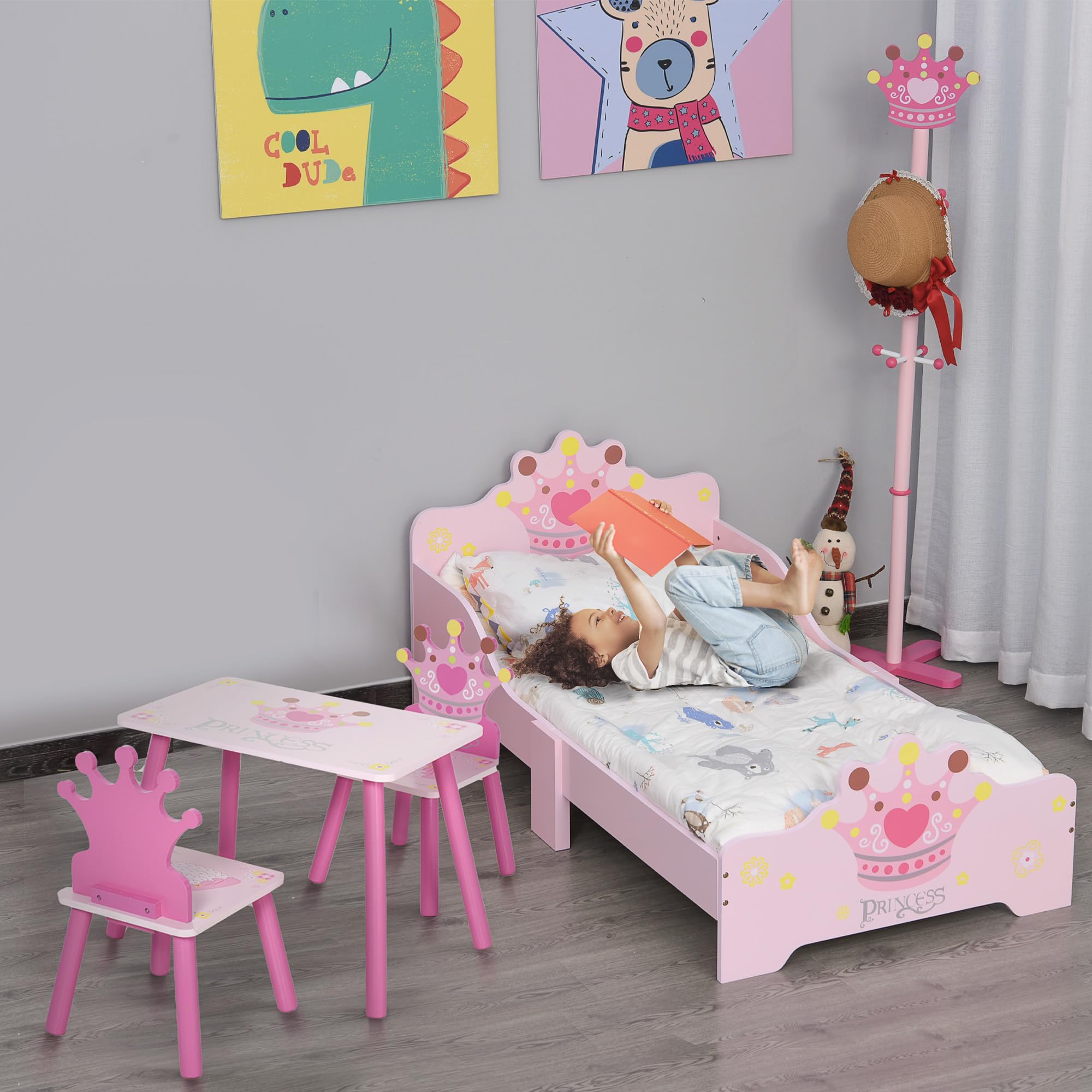 HOMCOM Lit Enfant Design Princesse Motif Couronne Sommier à Lattes Rose