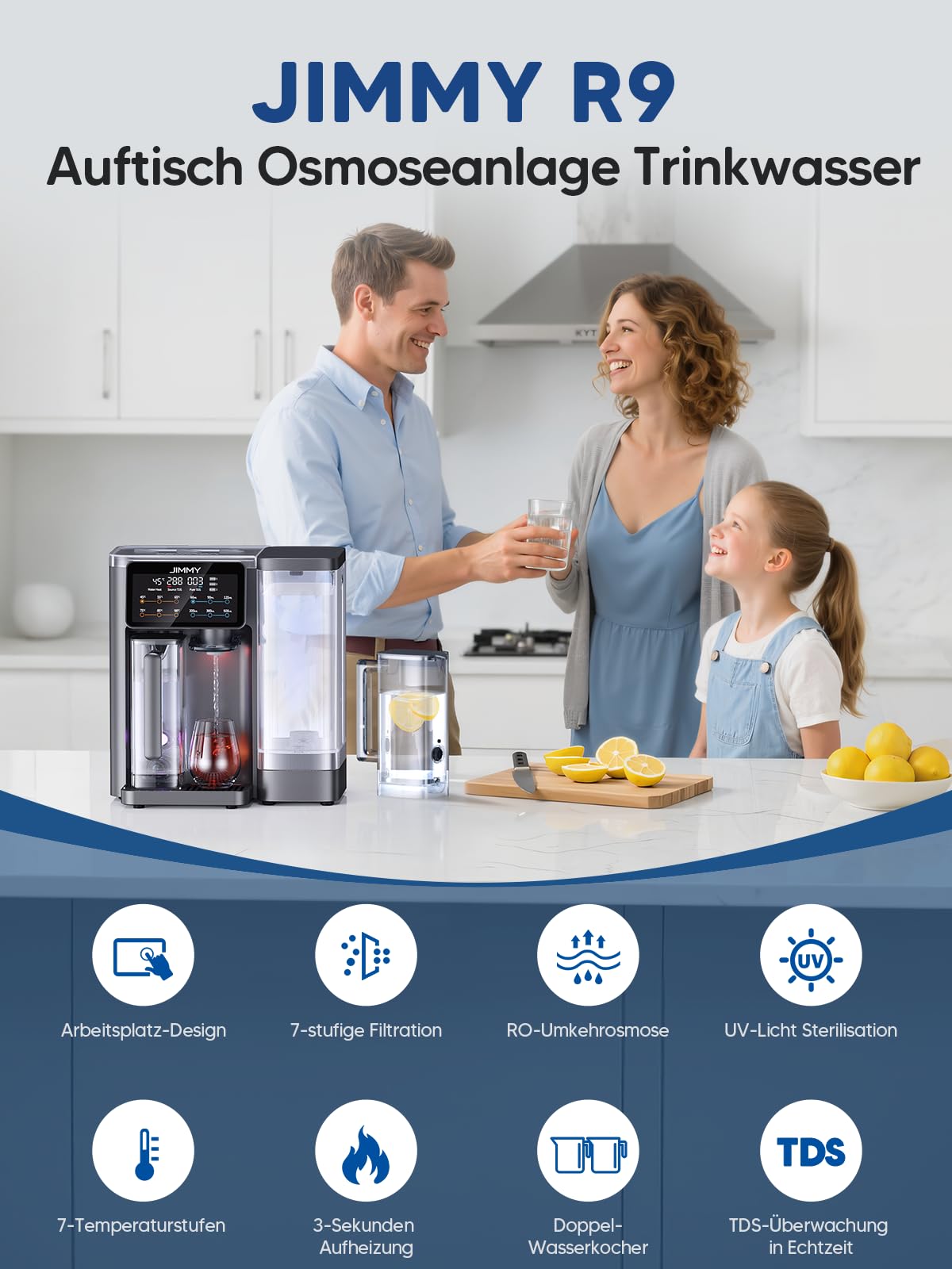 Jimmy R9 Osmoseanlage Trinkwasser Auftisch, Umkehrosmoseanlage Wasserfilter mit Heißwasserspender, 7-stufige Filterung RO & Mineralien, UV, 3S-Heizung