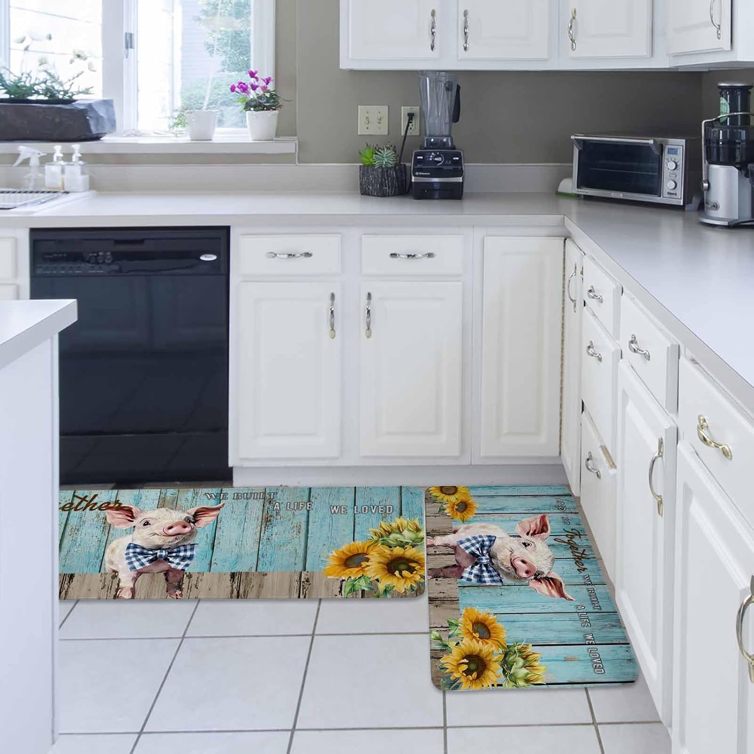 Cute Pig Kitchen Rugs and Mats Set of 2, Non-Slip Kitchen Sink Mat, Yellow Sunflowers Blue Wooden Vintage Art Washable Doormat Bathroom Rugs Runner for Bedroom/Living Room 19.7"x31.5"+19.7"x47.2"