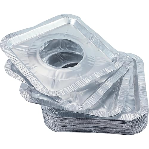 Gas Burner Liners (50 Pack) 8.5" Disposable Aluminum Foil Square Stove Burner Covers - Gas Range Protector Foil Liners to Catch Oil, Grease and Food Spills