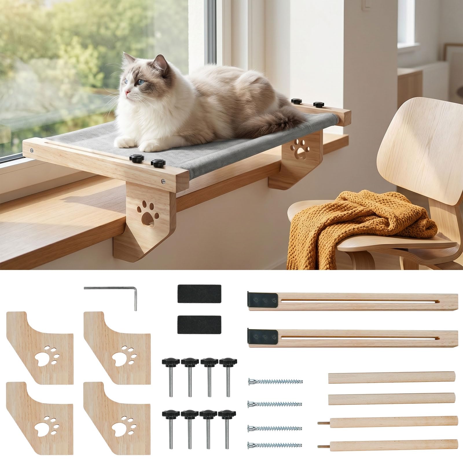 Fensterliege für Katzen – Hängende Katzenliege mit Klettverschluss, Größe 55 x 38 cm, Robuste Holzhängematte für Heizkörper und Fensterbank, verstellbar zum Aufhängen und Aufstellen auf dem Boden