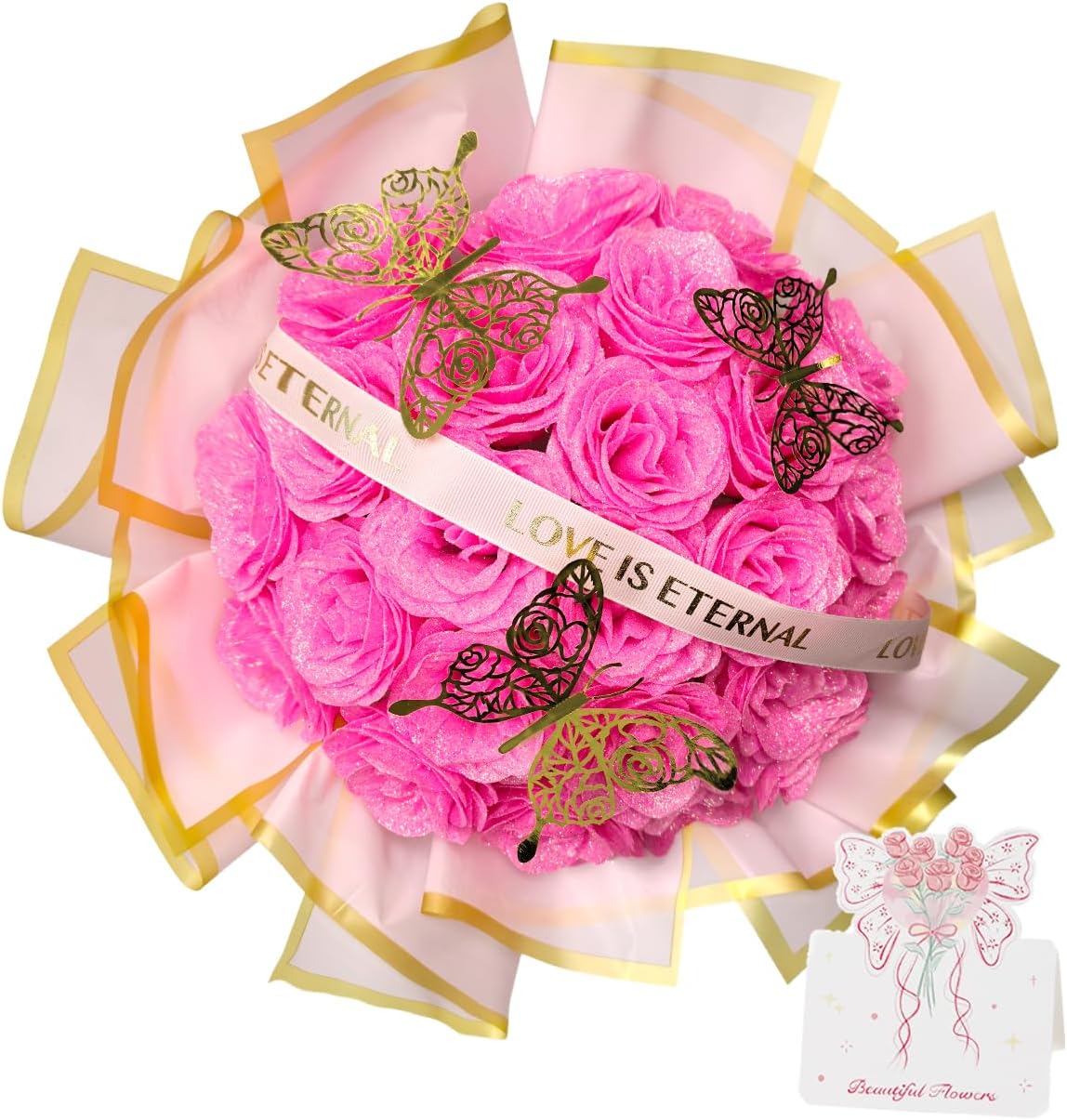 Pink Glitter Roses Gift for Her, DIY Artificial Rose Butterfly Flowers Bouquet Rose Gifts for Mothers Day Valentine Anniversary Birthday Gift for Women Wedding Decoration