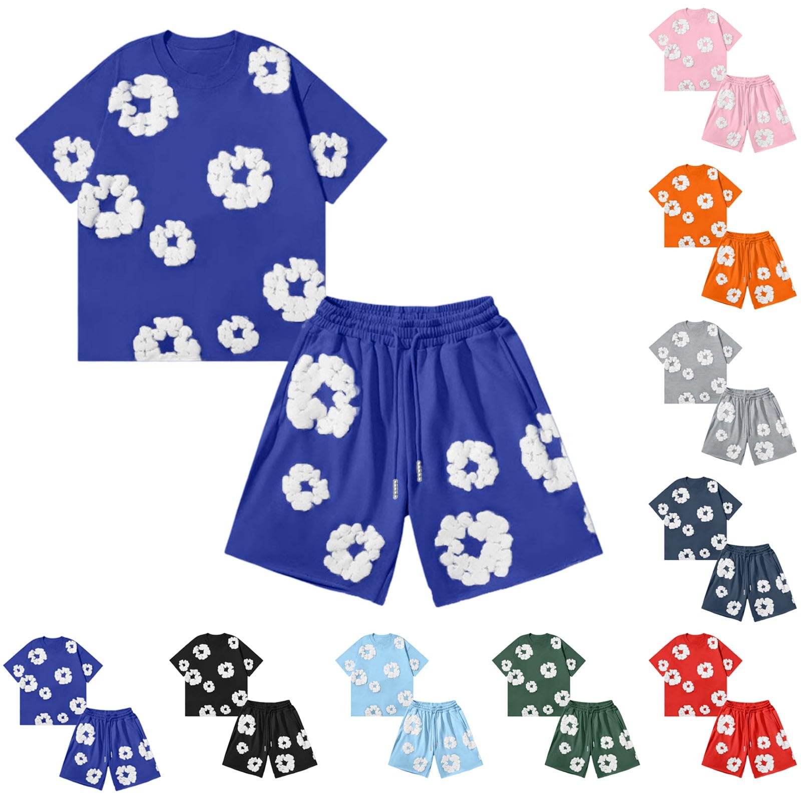 Ensemble 2 Pièces Homme T-Shirt et Short d'Été, Imprimé Fleuri Y2K Hip Hop Streetwear, Ensemble Jogging Décontracté avec Poches pour Sport et Loisir
