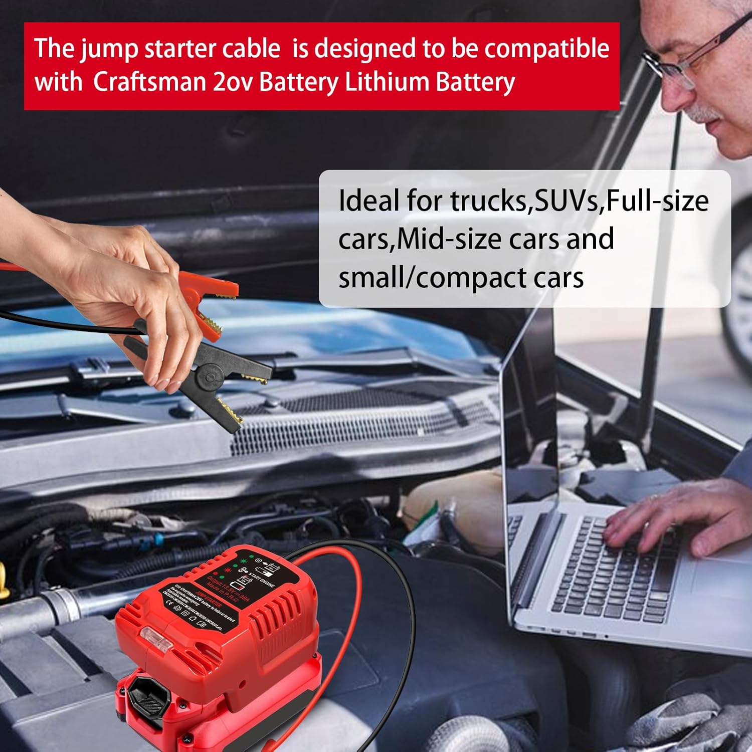 Jump Starter Adapter for Craftsman 20V V20 Li-ion Battery Powered with Jumper Cable Clamps Portable Car Charger Jump Starter(Battery Not Included)