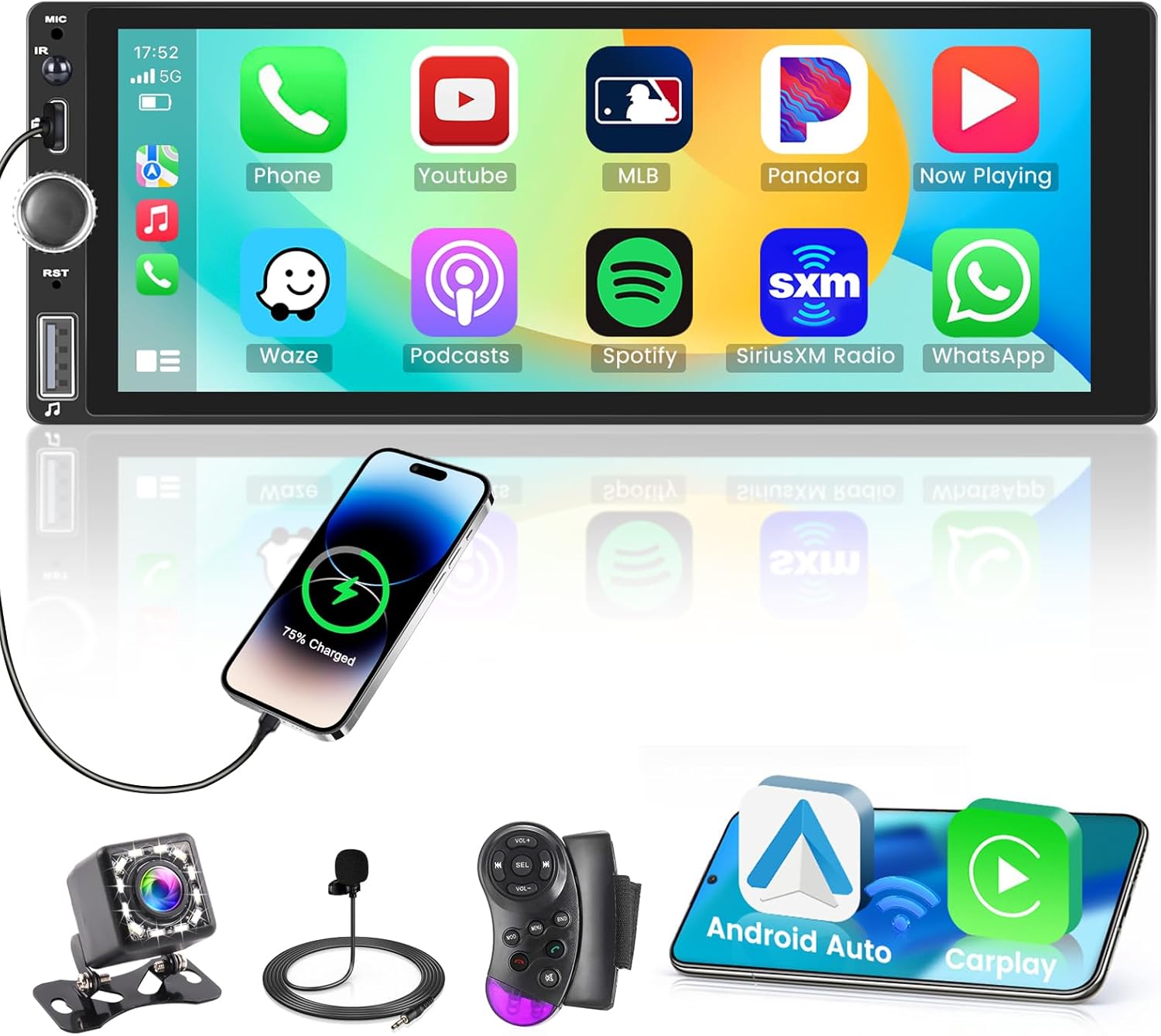 6.5" Wireless Carplay Car Stereo Incell Single Din Touchscreen Radio Android Auto Bluetooth 5.2 Backup Camera Car Audio Receiver USB Type C FM RDS EQ SWC MIC